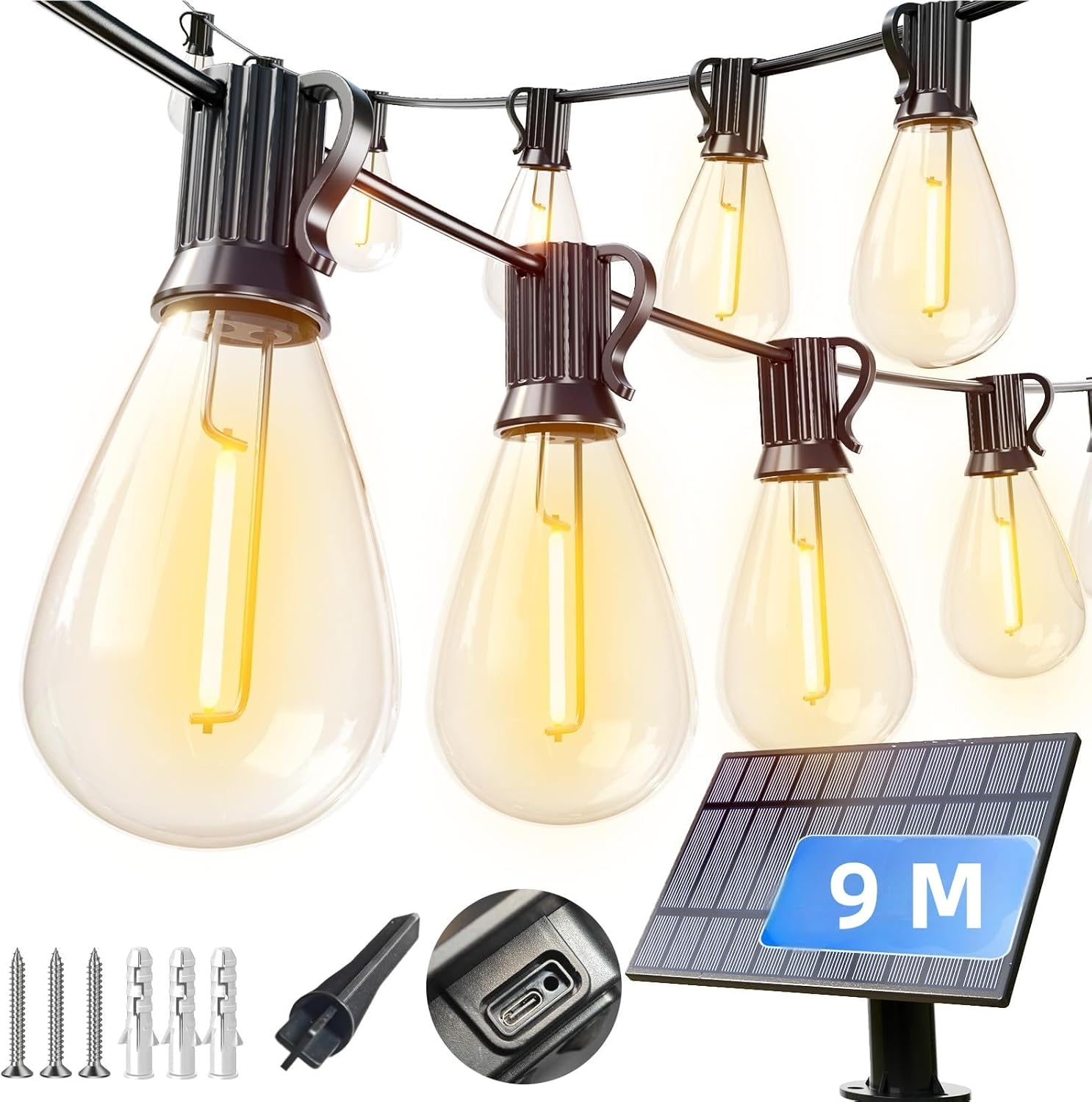 Solar String Lights, 30M Outdoor Waterproof with 50+1 LED Bulbs Long Last for 20+Hrs, Commercial Grade Shatterproof USB Patio Solar Powered Lights for Camping, Backyard, Garden, Porch Decor (30M)