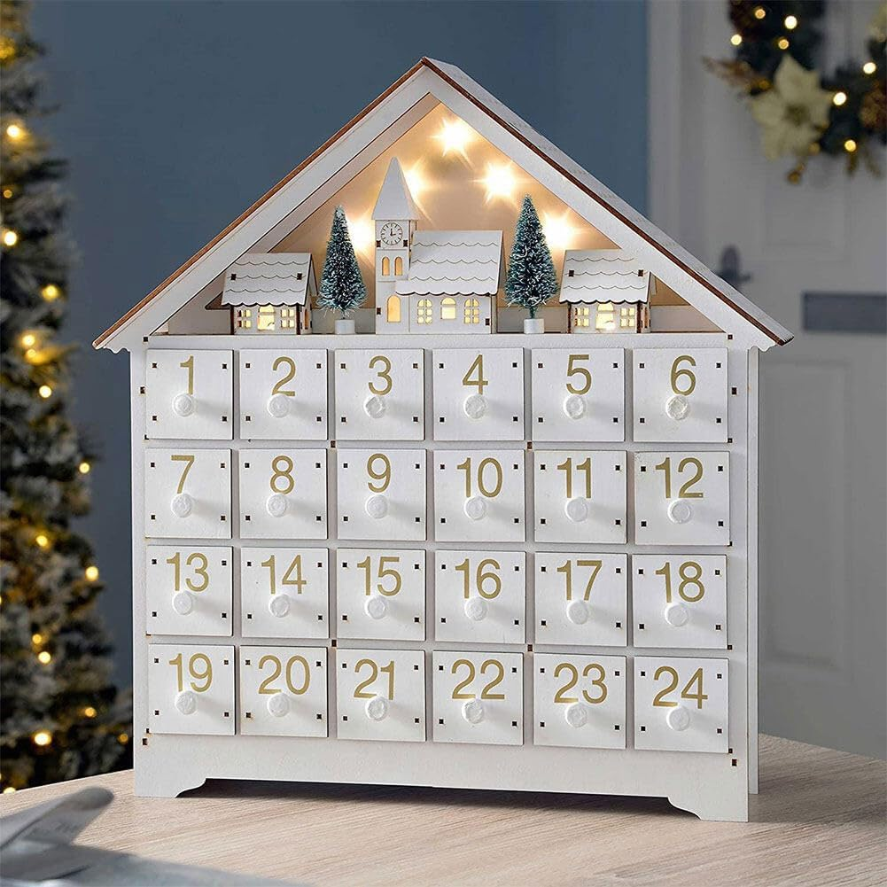 LED Christmas Advent Calendar with 24 Storage Drawers Wooden Advent Calendar Decorated with Christmas Tree House Reusable Xmas Countdown Calendar DIY for Adults Kids Gifts Holiday Decoration (Red)