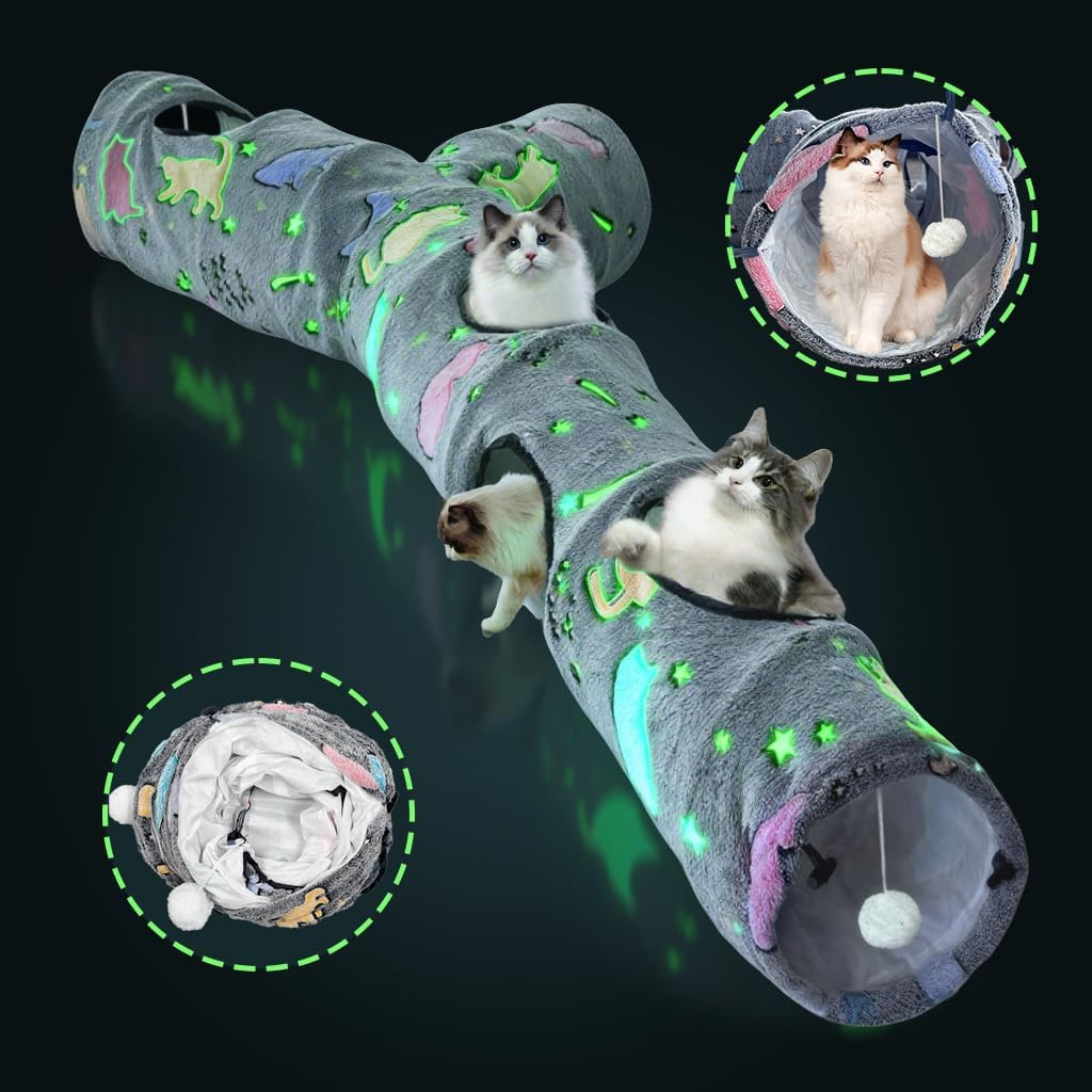 GRETMIX Cat Tunnels for Indoor Cats, Self-Luminous Cat Tunnel with Plush Ball, 3 Way Kitten Tunnel Collapsible, Cat Play Tunnel with Interactive Peephole for Large Cat, Puppy, Kitten