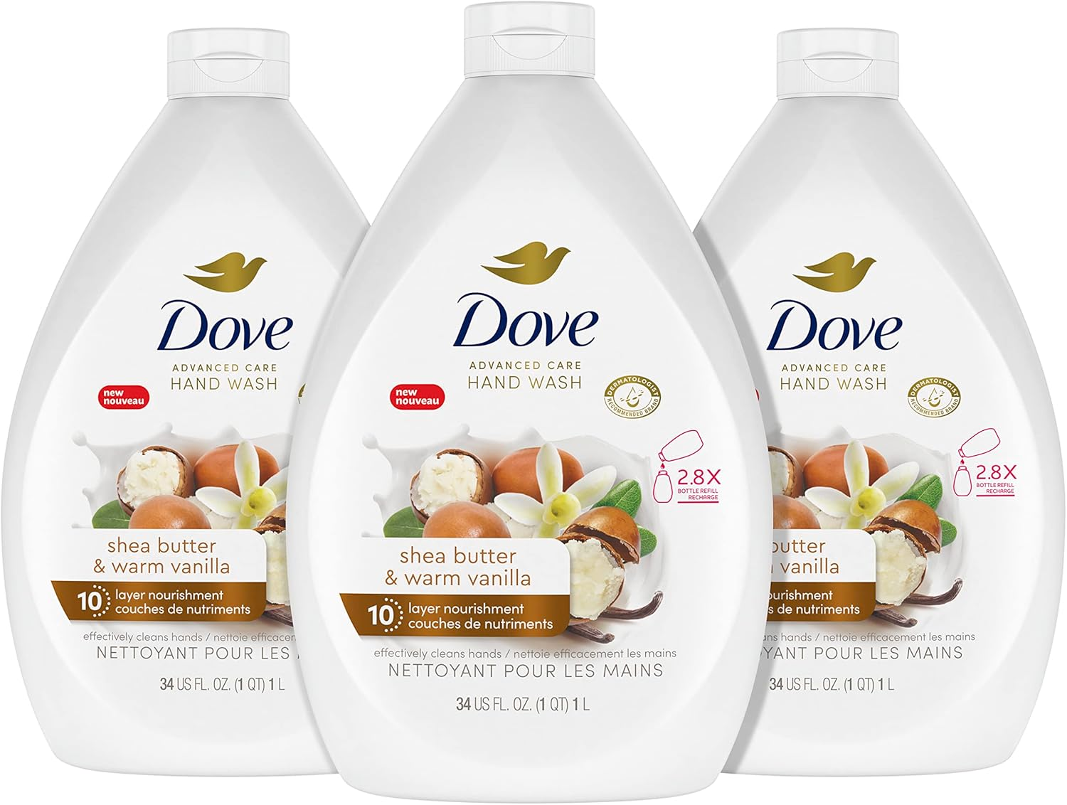 Dove Advanced Care Hand Wash Shea Butter & Warm Vanilla Pack of 3 for Soft, Smooth Skin, More Moisturizers than the Leading Ordinary Hand Soap, 34 Oz