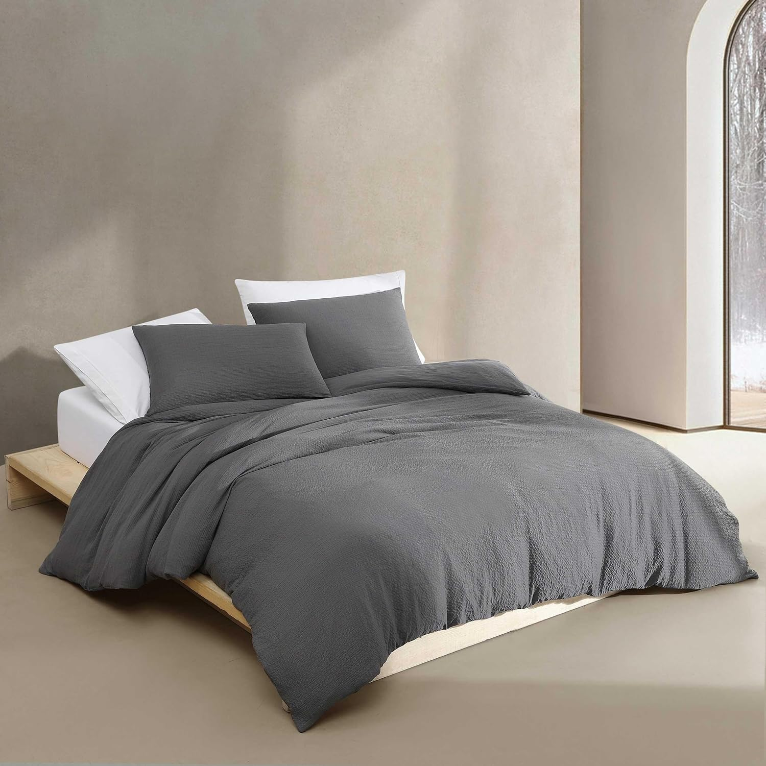 Calvin Klein - Queen Duvet Cover Set, Super Soft Textured Bedding with Matching Shams, Reversible Home Decor, Oeko-Tex Certified (Seersucker Dark Grey, Queen)