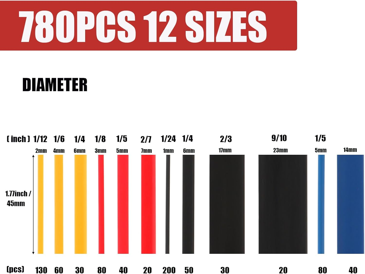 DIANN 780Pcs Wire Heat Shrink Tubing Kit Industrial Heat-Shrink Tubing for Wires 2:1 Marine Grade Heat Shrink Wrap Premium Large Electrical Waterproof Heat Shrink Tape 12 Sizes 4 Colored Assorted image number 3