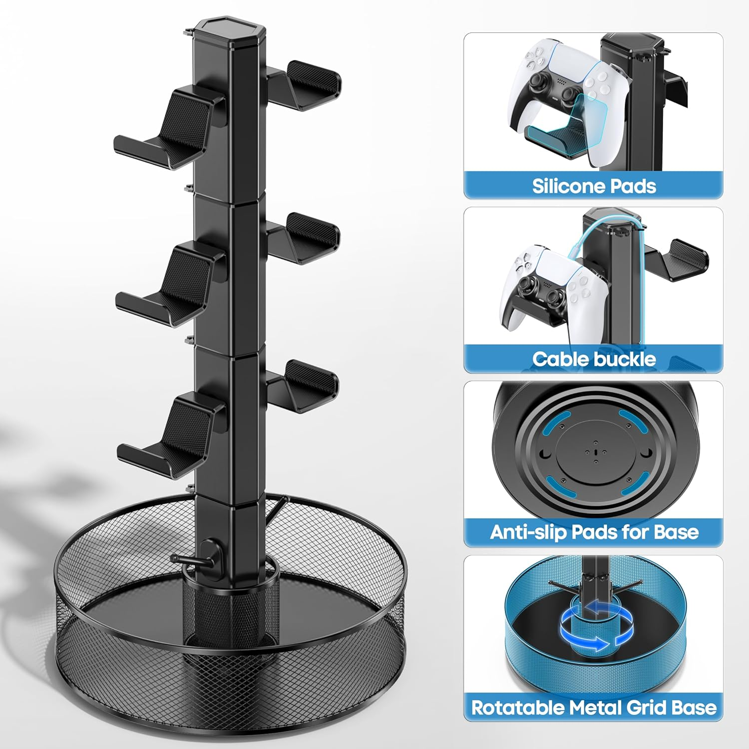 Kosker Rotatable Gaming Controller Holder with Basket for Desk,Universal Headset & Controller Stand for PS 5/PS 4/Xbox/Switch/Pc Accessories,Headphone Holder with Cable Organizer,4 Tiers Black image number 5