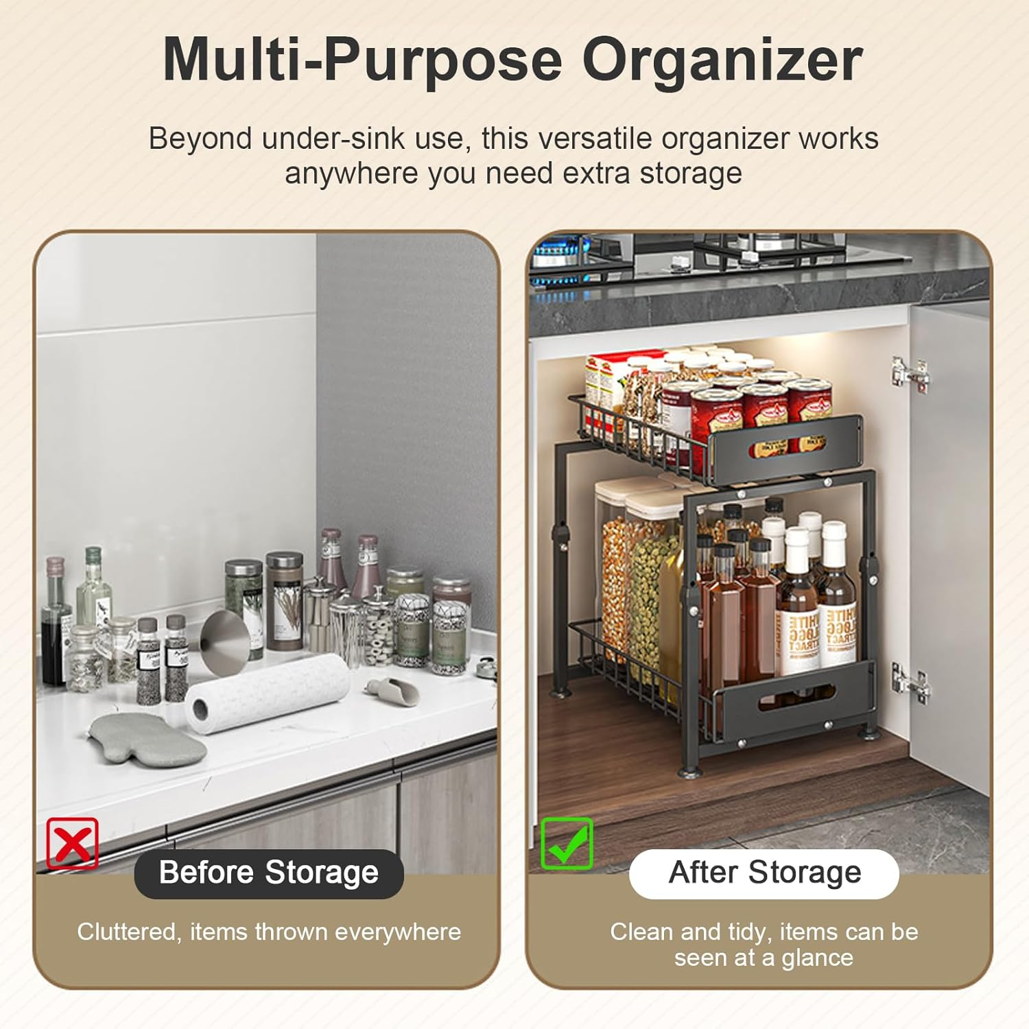 2-Tier under Sink Organizer and Storage, Pull Out Cabinet Organizer, Multi-Purpose under Sink Storage Rack, Height Adjustable Metal Sliding Shelf for Kitchen, Bathroom, Pantry (Black)