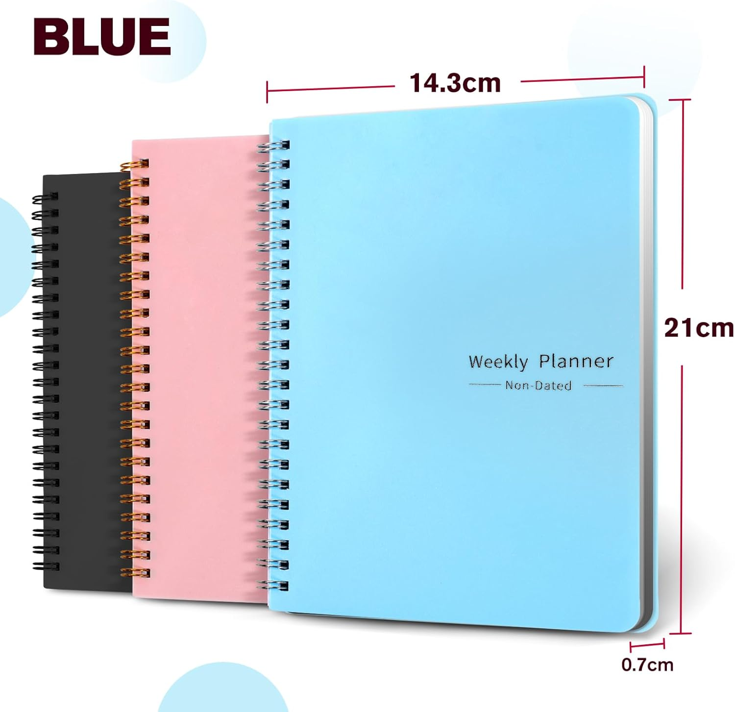 Undated Weekly Agenda, A5 English Spiral Notebook, Work Agenda, Weekly Notes, Waterproof PVC Cover (Blue) image number 1