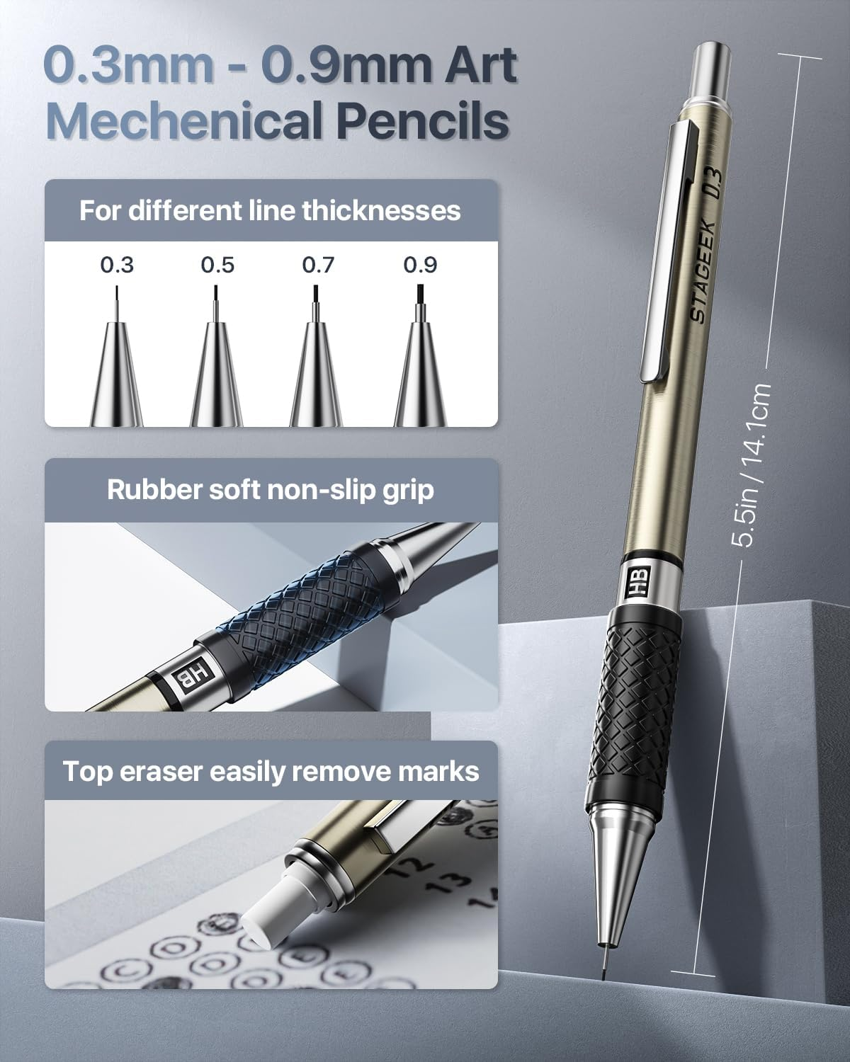 STAGEEK 37PCS Art Mechanical Pencil Set, Drafting Pencil 5 Sizes- 0.3, 0.5, 0.7, 0.9MM & 2PCS 2.0MM Mechanical Drawing Pencils with 492PCS Leads (6B 4B 2B HB 2H 4H Color) for Artist Sketching Drawing image number 5