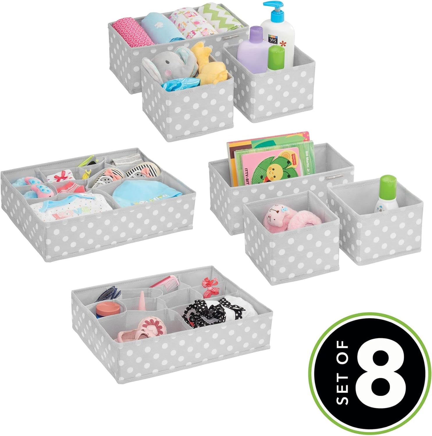 Mdesign Fabric Drawer Organizer Bins, Kids/Baby Nursery Dresser, Closet, Shelf, Playroom Organization, Hold Clothes, Toys, Diapers, Bibs, Blankets, Set of 4, 2 Pack, Gray/White Polka Dot image number 1