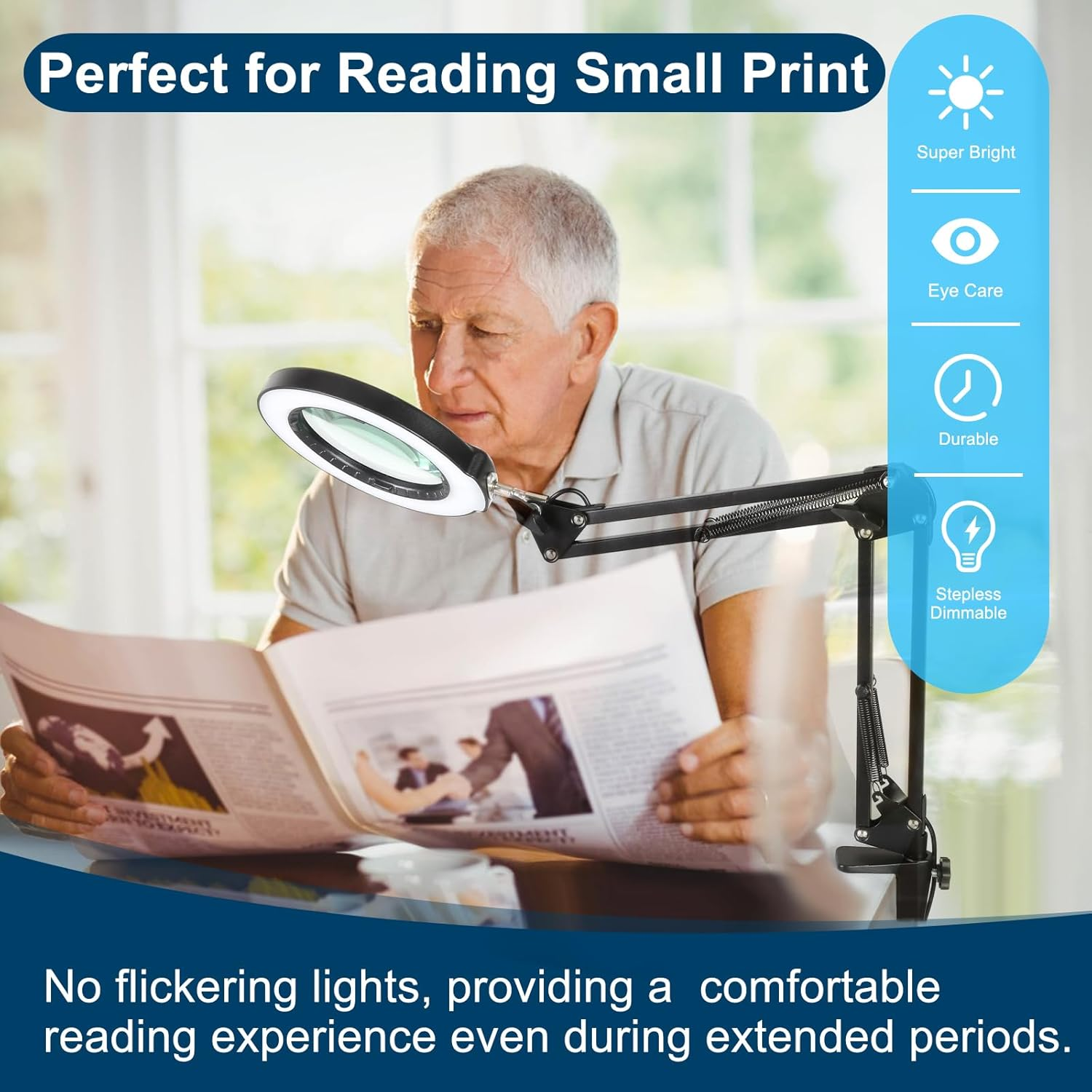 10X Magnifying Glass with Light and Clamp, 5 Color Modes Stepless Dimmable Real Glass Lighted Magnifier, Hands Free LED Magnifying Desk Lamp for Painting Craft Close Work Reading Repairing image number 6