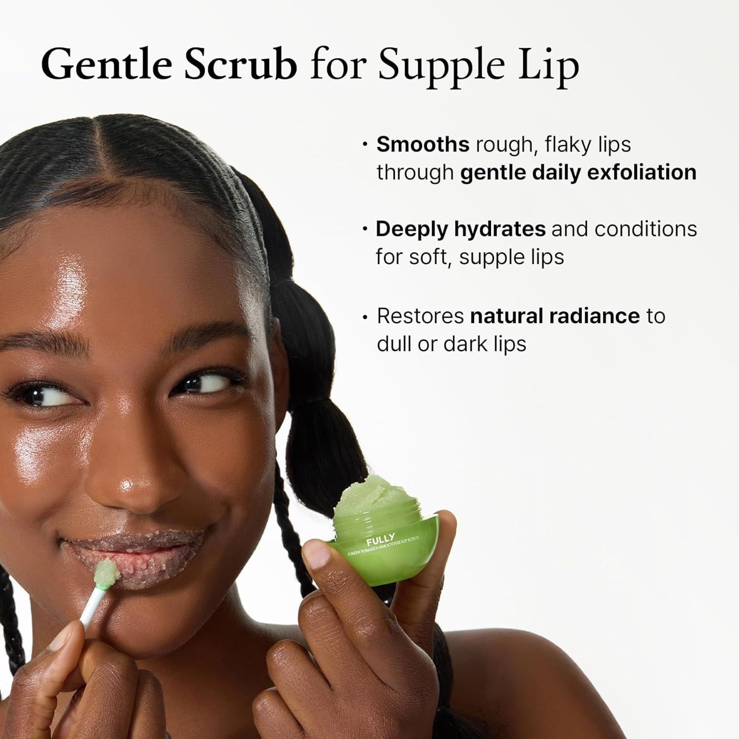 FULLY Green Tomato Smoothie Sugar Lip Scrub, Gentle Lip Exfoliator with Organic Sugar & Tomato Seed Oil for Smooth, Hydrated Lips, Vegan Daily Lip Polish for Dry, Flaky Lips, Korean Skincare, 12G image number 1