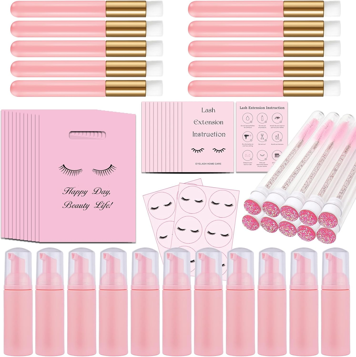 60PCS Lash Shampoo Bottles and Brushes Set, 10Pcs Foam Pump Dispenser, Lash Cleaning Brush, Eyelash Extension Tube Brush, Instructions Cards, Bags, Lash Shampoo Stickers for Business Clients (B-White) image number 6