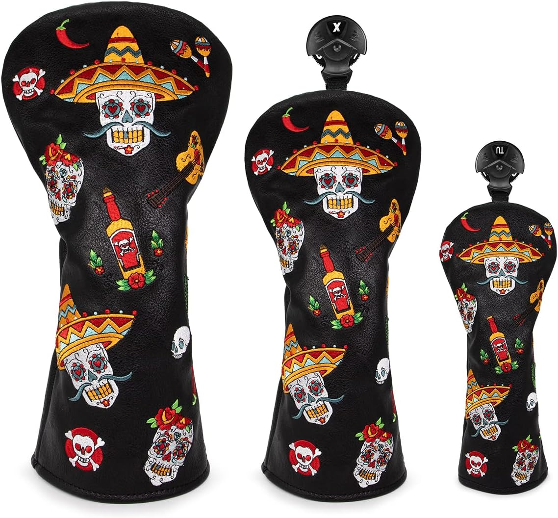 Golf Club Headcover for Drivers, Fairway Woods, Hybrids, and Mallet Blade Putter Sugar Skull Style Premium Leather Golf Headcovers Set with Interchangeable No. Tags