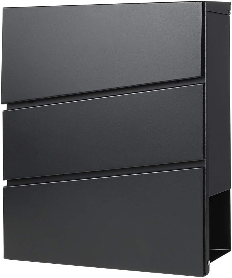 Decaller Metal Wall Mounted Mailboxes with Key Lock, Large Mail Box with Newspaper Compartment, Black, 13" X 14 2/5" X 4 1/5"