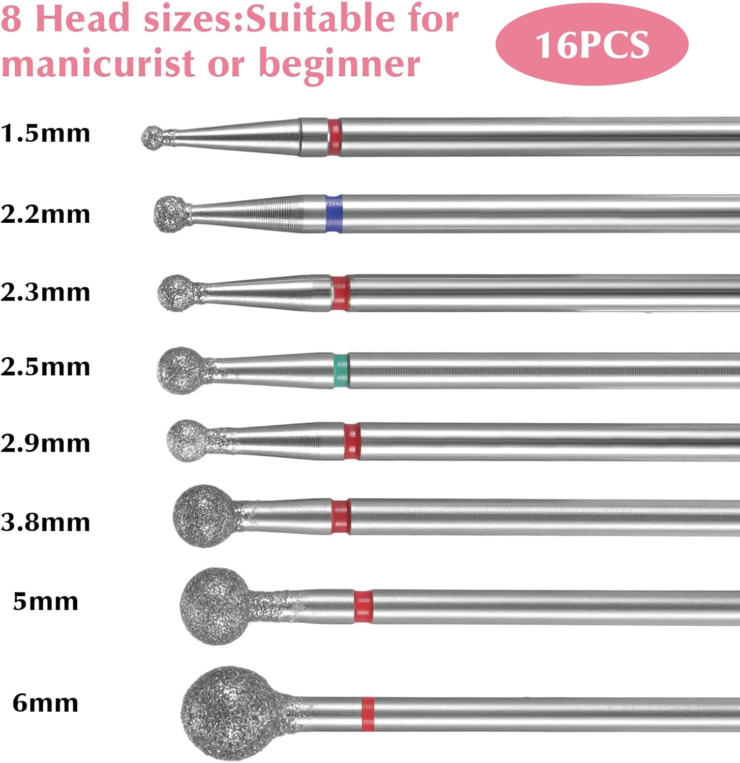 Hecla 16 Pcs Nail Drill Bits 3/32" Diamond Ball Bit Universal Manicure Drill Bits Professional Safety Cuticle Efile Remover Bit Nail Prepare Pedicure Tool for Nails File Machine Acrylic Gel Polishing image number 2