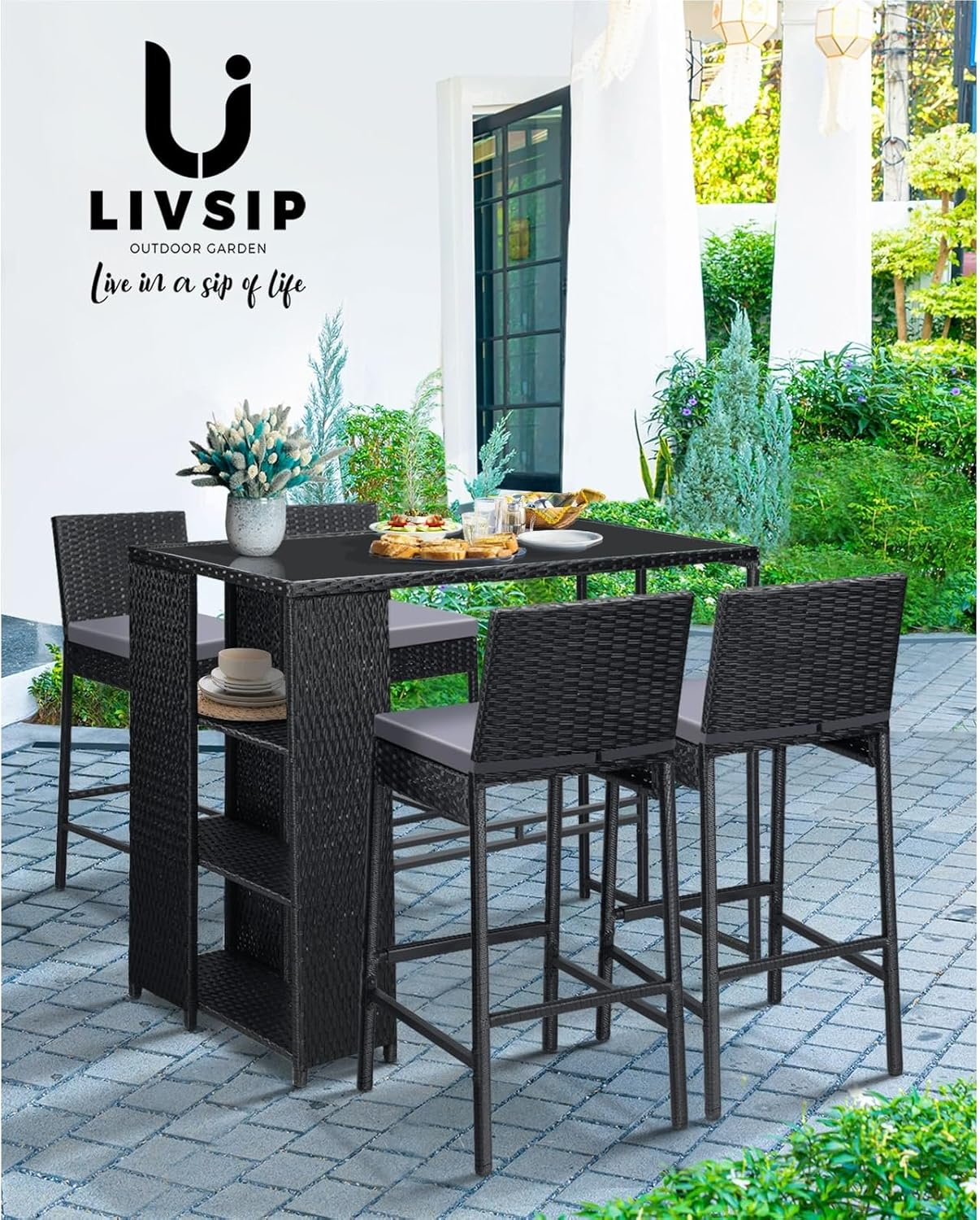 Livsip Ourdoor Bar Table Garden Patio Table Outdoor Furniture Rattan Bar Table