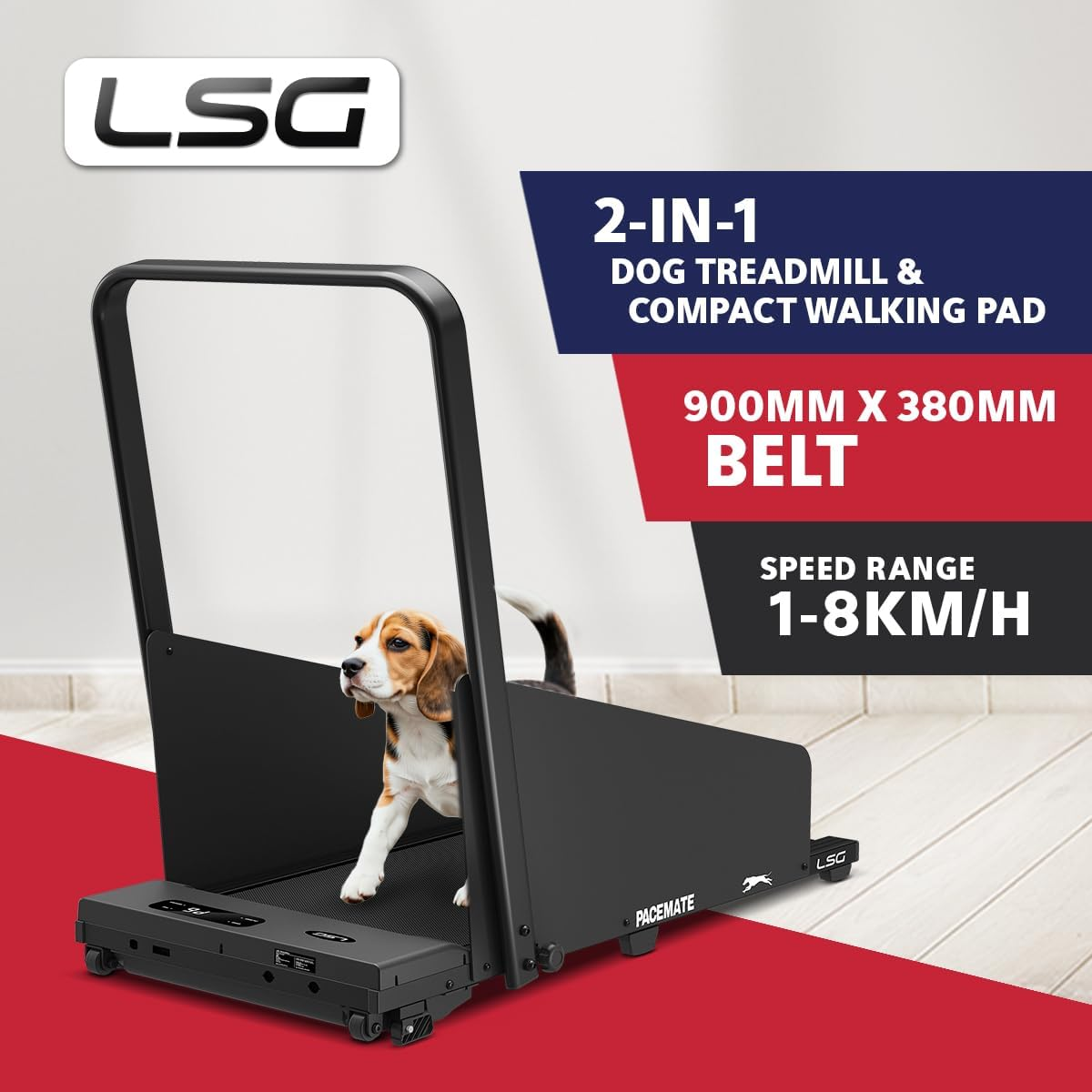 LSG Pacemate 2-In-1 Dog Treadmill & Walking Pad for Both Dogs & Humans with Spacious Running Belt, Removable Treadmill Shields for Easy Storage, LED Display with Metrics & Convenient Transport Wheels image number 5