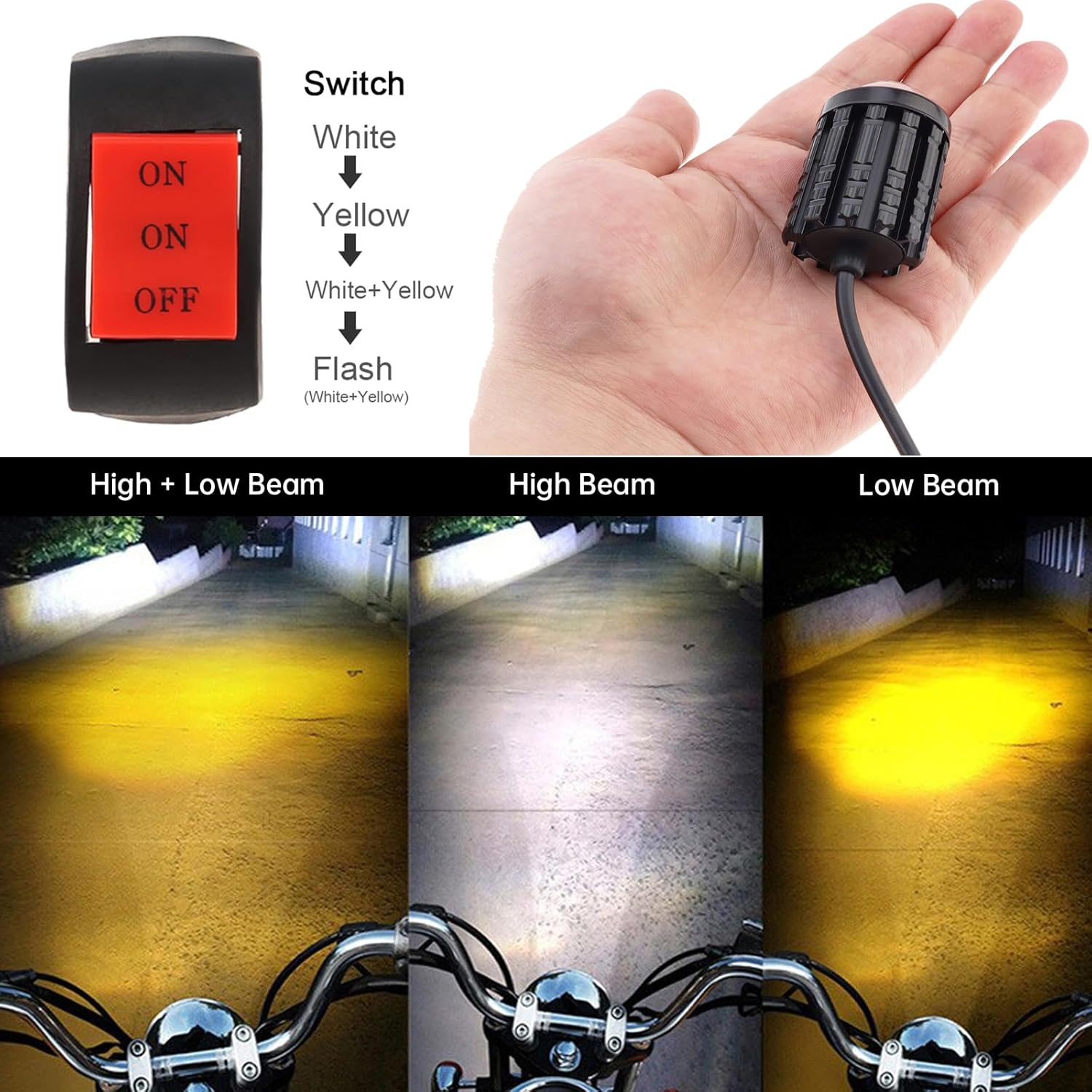 Windance 2Pcs 32W LED Motorcycle Headlight with Switch, Yellow White Dual Color Hi/Lo Beam for Motorcycle, 2400LM 3000K 6000K Crash Bar Front Fork Spotlight