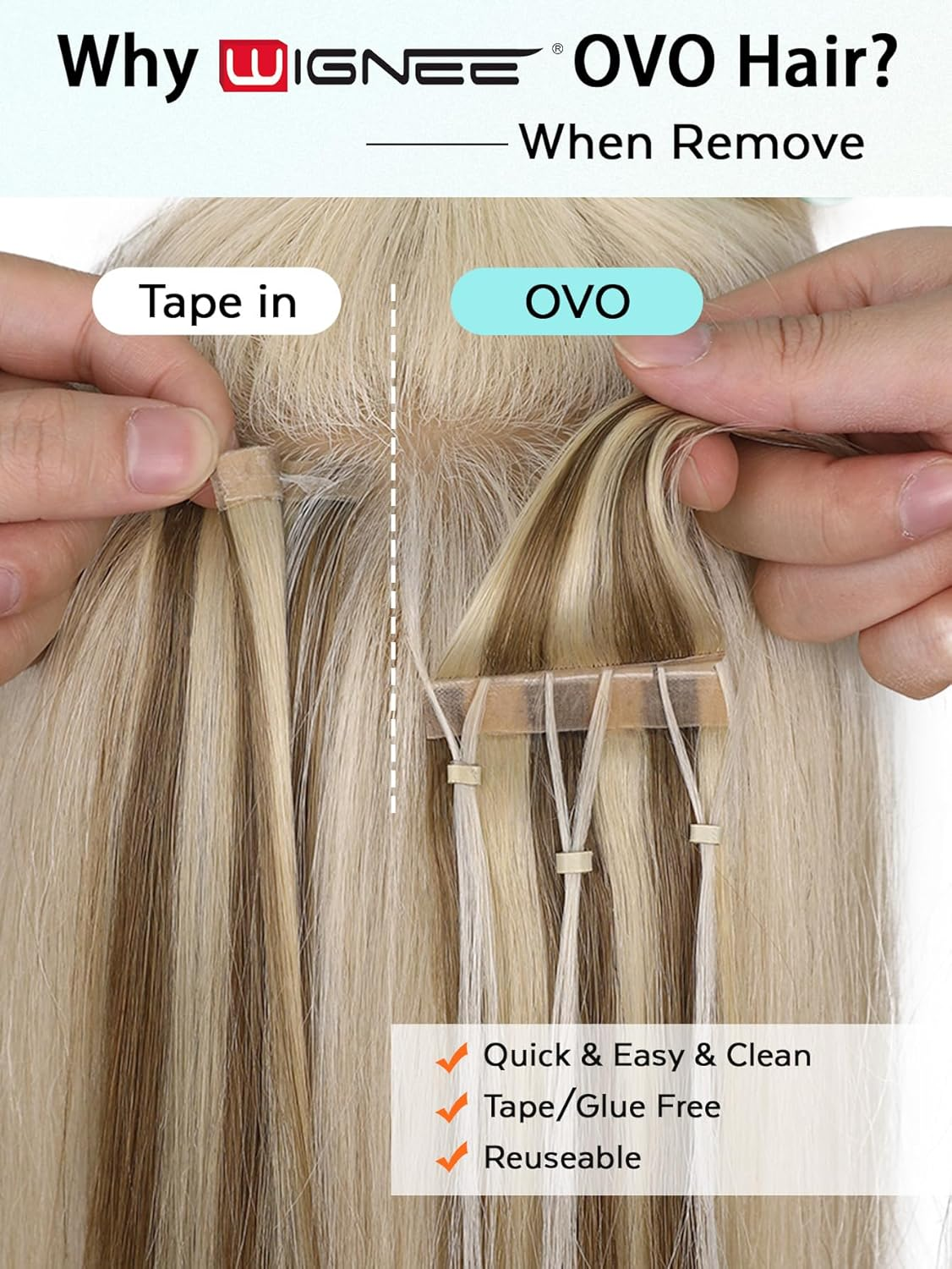 WIGNEE OVO Hair Extensions Real Human Hair Wefts Blonde Ombre 18 Inch Seamless Invisible Glueless Salon Quality with Micro Beads Add Volume & Length for White Women(9A/60)