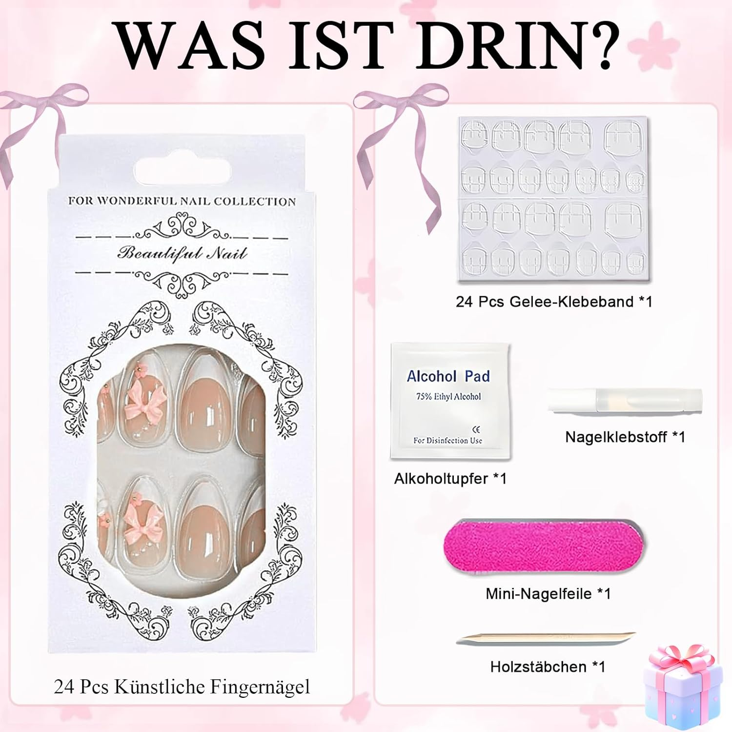 Virellay Almond Fake Nails, Artificial Fingernails, Press on Nails Almond (Pink Bow Flower French, 24 Pieces)