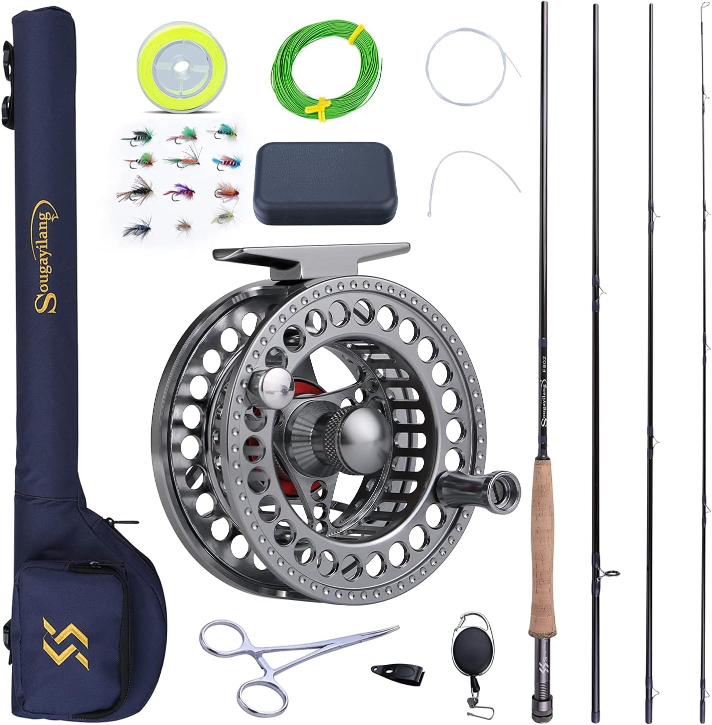 Sougayilang Fly Fishing Rod and Reel Combo, 4-Piece Graphite Fly Fishing Rod 5/6 Complete Starter with CNC Machined Aluminum Reel