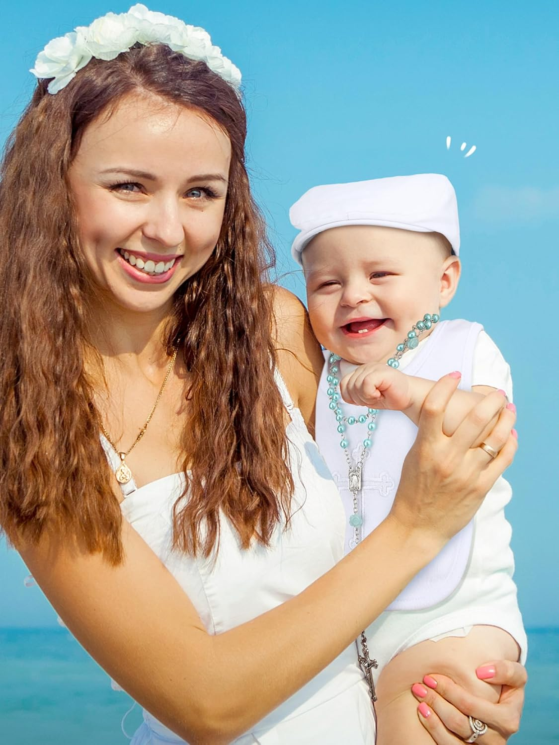 5 Pcs Baptism Gifts for Baby Boys Include White Embroidered Cross Bib Christening Socks Shoes Baptism Hat and Rosary Christening Outfits for Boys Toddler Infant First Communion Gift, White image number 2