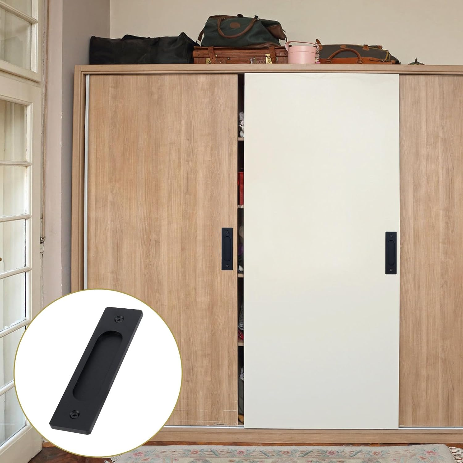 4 PCS Sliding Barn Door Handle, Black Recessed Finger Flush Pull, Aluminum Alloy Handles Drawer Handles, Finger Pull, Pocket Door Pull with 8 Screws (Black) image number 2