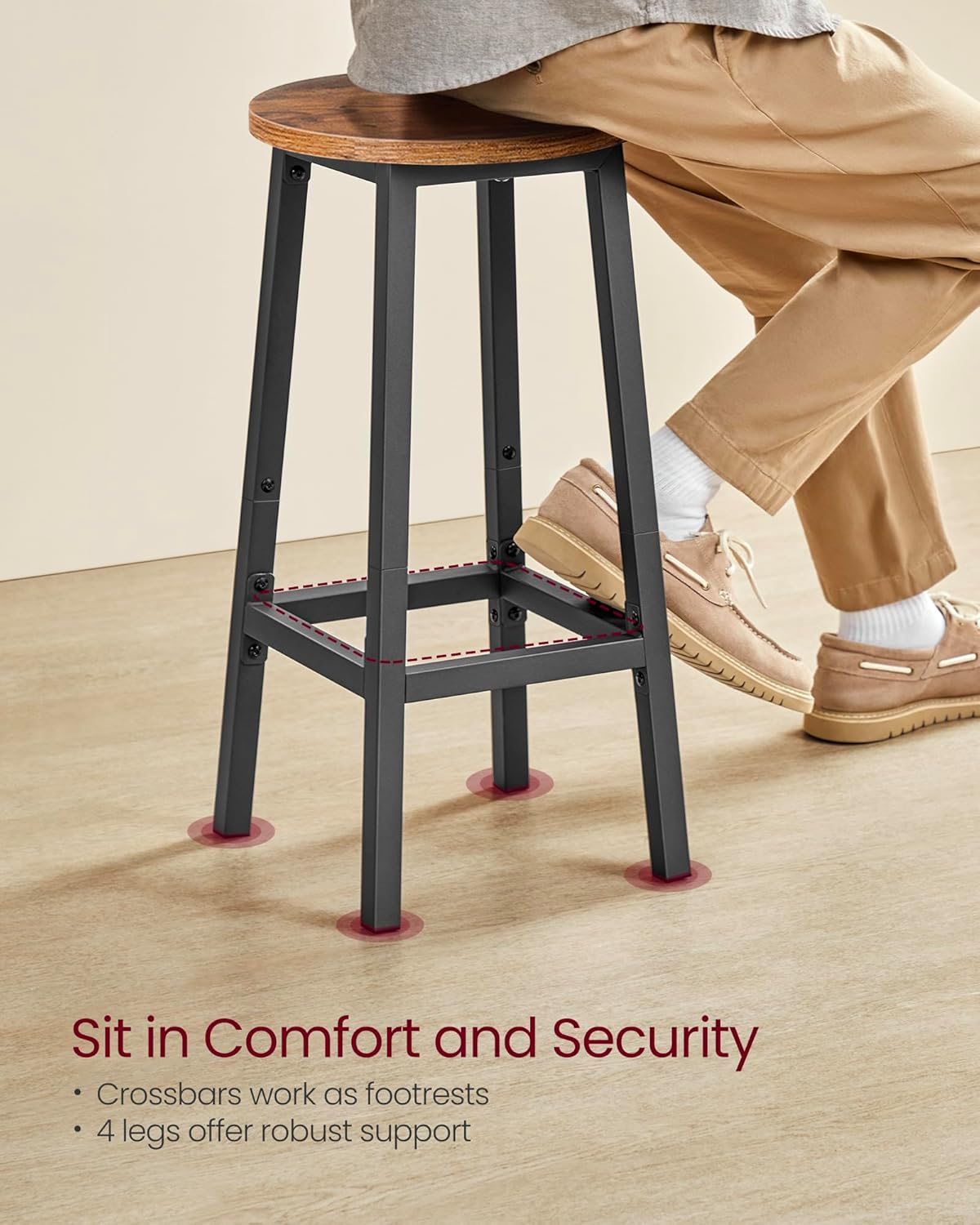 VASAGLE Bar Stools, Set of 2 Bar Chairs, Steel Frame, 25.2 Inch Tall, for Kitchen Dining, Easy Assembly, Industrial Design, Rustic Brown and Black ULBC32X - Greige+Black image number 5