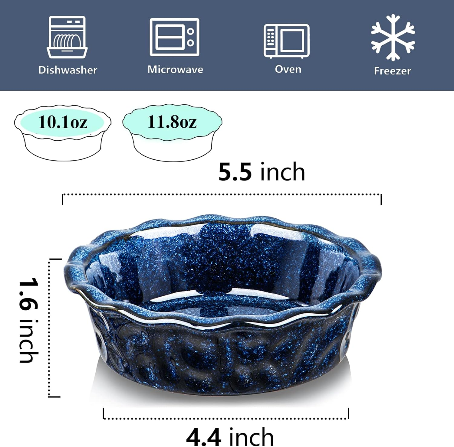 Vicrays Ceramic Pie Pan for Baking - 5.5 Inch Small Pie Plates Deep Dish round Pot Casserole Mini Serving Bowl, Microwave Oven Safe for Dessert Apple Pie Cake Tart Pizza, Set of 6, Blue image number 2