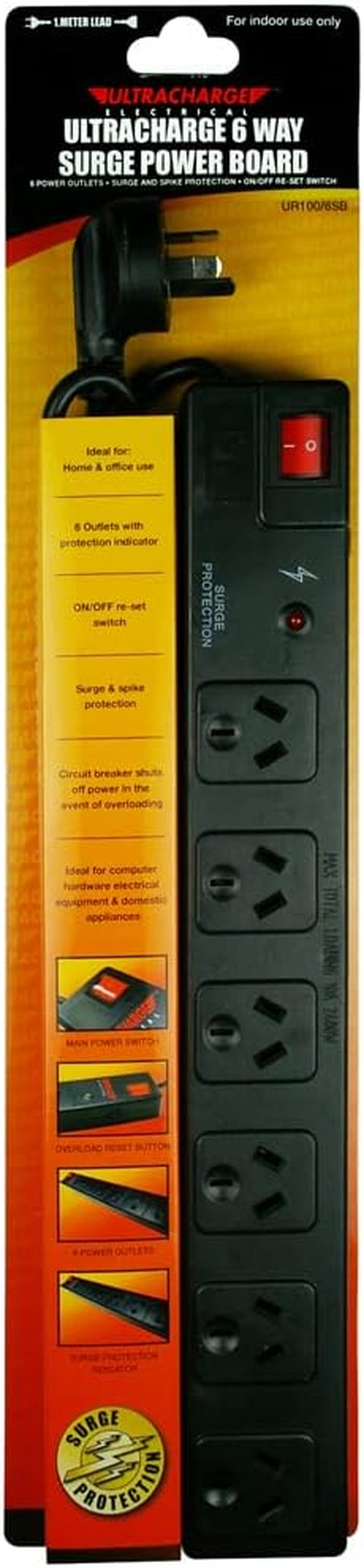 Ultracharge 6 Way Surge Protected Board with Switch, Black