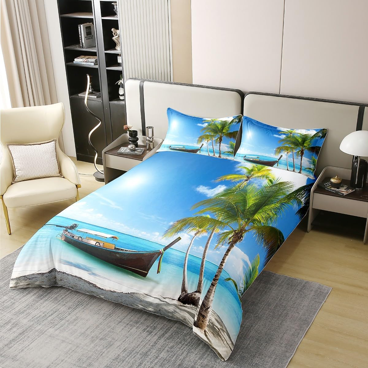 100% Cotton Ocean Comforter Cover 135 X 200 Cm, Hawaii Beach Decor Bedding Set for Children Adults, Tropical Plam Tree Duvet Cover Summer Bed Linen, Retro Sailing Boat Quilt Cover with 1 Pillowcase image number 4