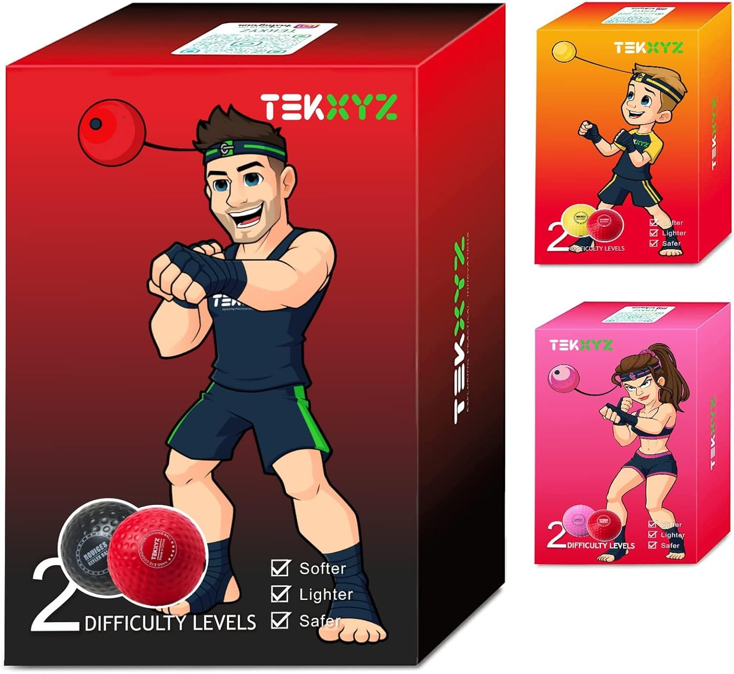 TEKXYZ Boxing Reflex Ball, 2 Difficulty Levels Boxing Ball with Headband, Softer than Tennis Ball, Perfect for Reaction, Agility, Punching Speed, Fight Skill and Hand Eye Coordination Training