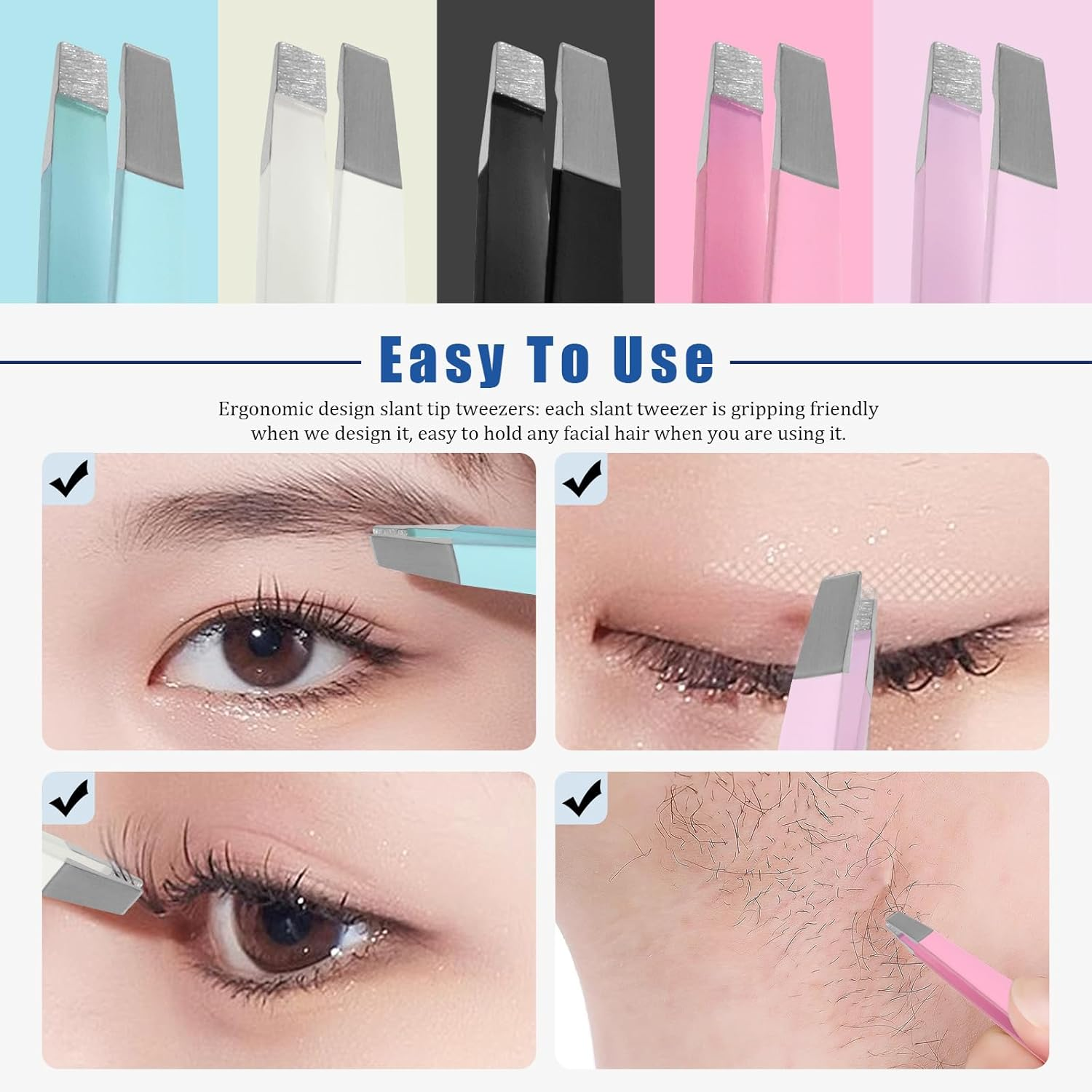 Glarks 12Pcs Pink Eyebrow Tweezers Stainless Steel Slanted Tip Tweezers Professional Facial Hair Eyebrow Precision Tweezers for Men and Women image number 1
