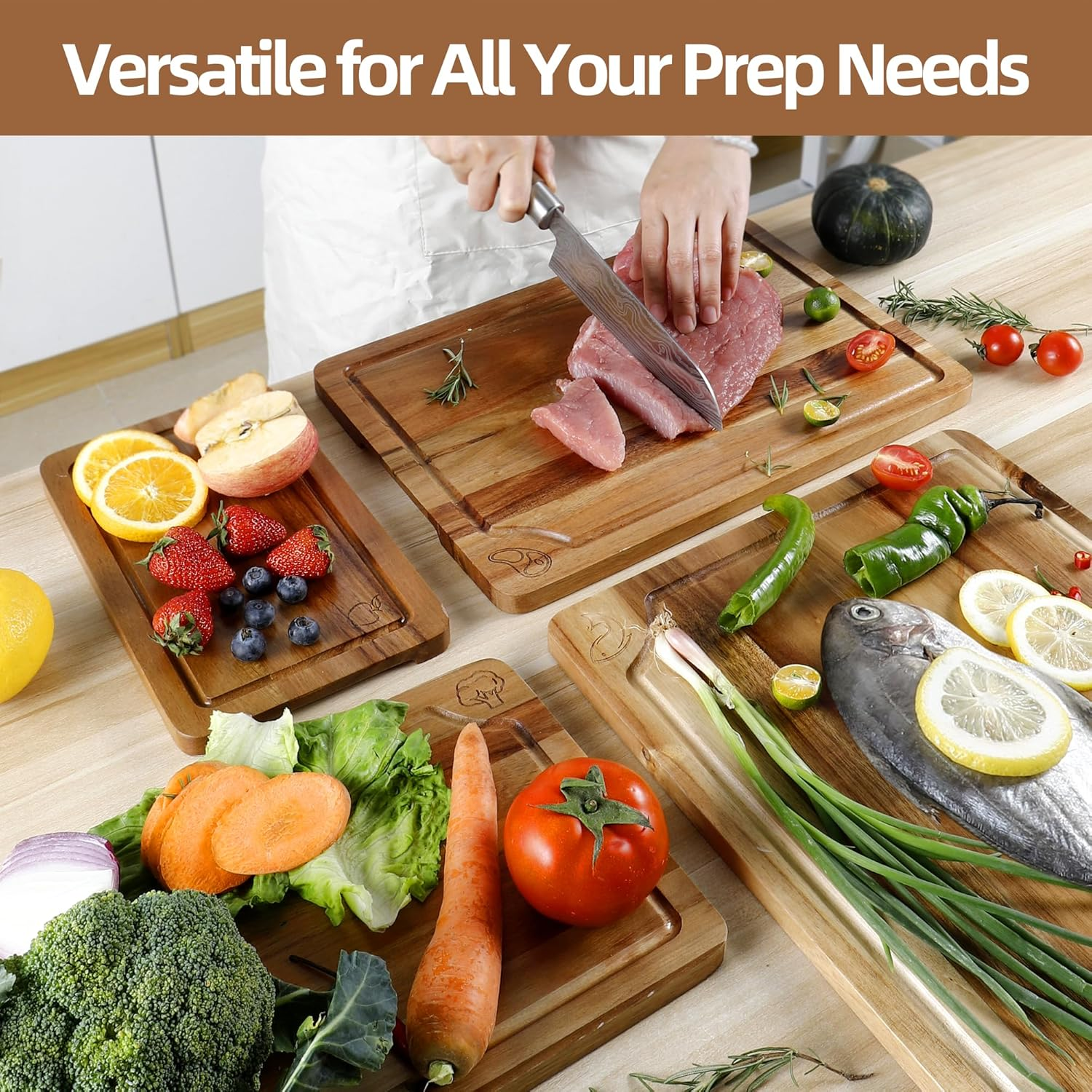 TJ POP Acacia Wood Chopping Board Set of 4, Wooden Chopping Boards with Food Symbols for Kitchen, Charcuterie Board for Meat, Vegetables, Fruits, Cheese image number 5