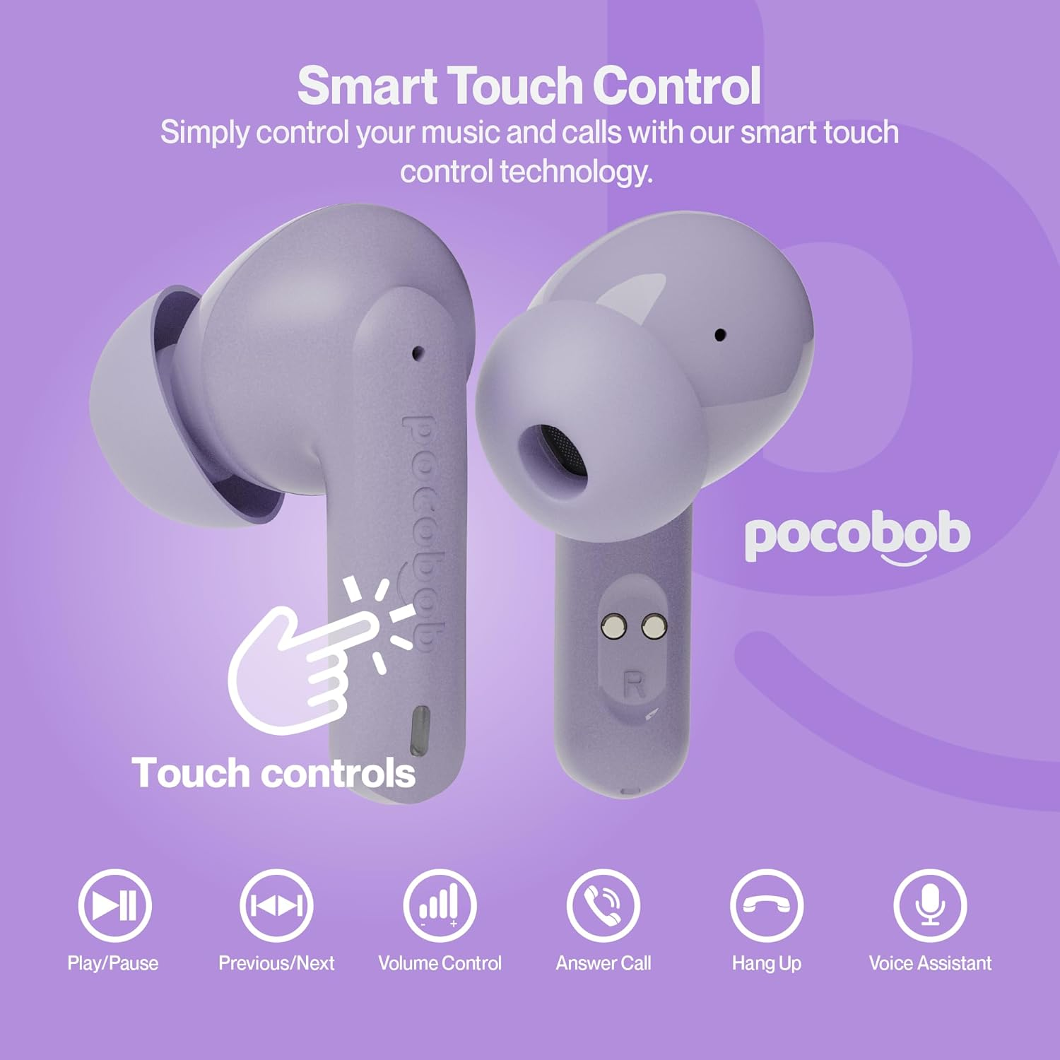 Pocobob 8 Bluetooth 5.3 In-Ear Headphones with Microphone, ENC, App Control, 32 Hour Battery, Touch, USB-C, IPX4 Water Protection - True Wireless Earbuds - Light Purple image number 3