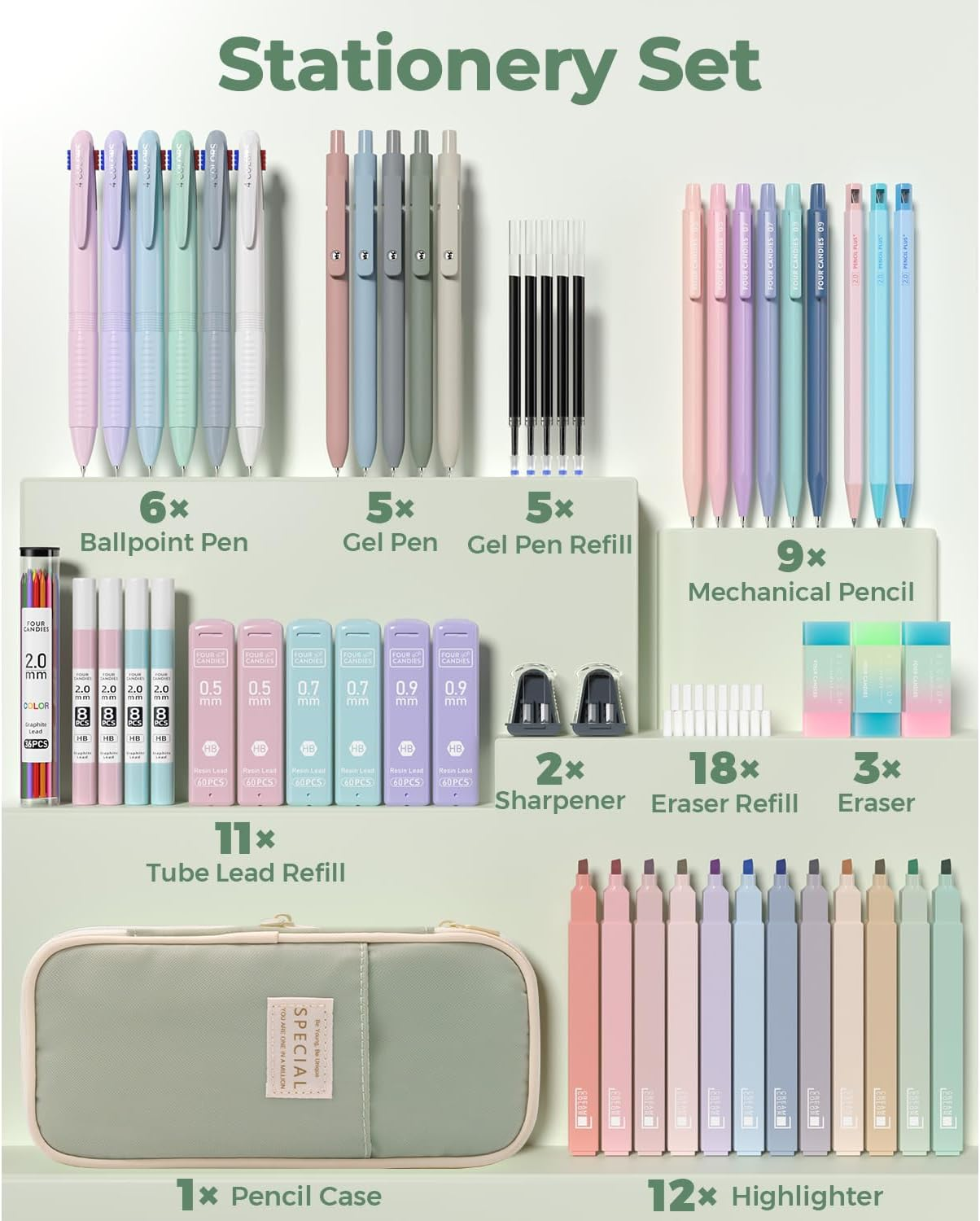 Four Candies 56 PCS Aesthetic School Supplies with Large Pencil Case, 6 Colored Ballpoint Pens, 12 Pastel Highlighters, 5 Black Ink Gel Pens, 9 Mechanical Pencils 0.5-2.0Mm Student Essentials (Green) image number 1