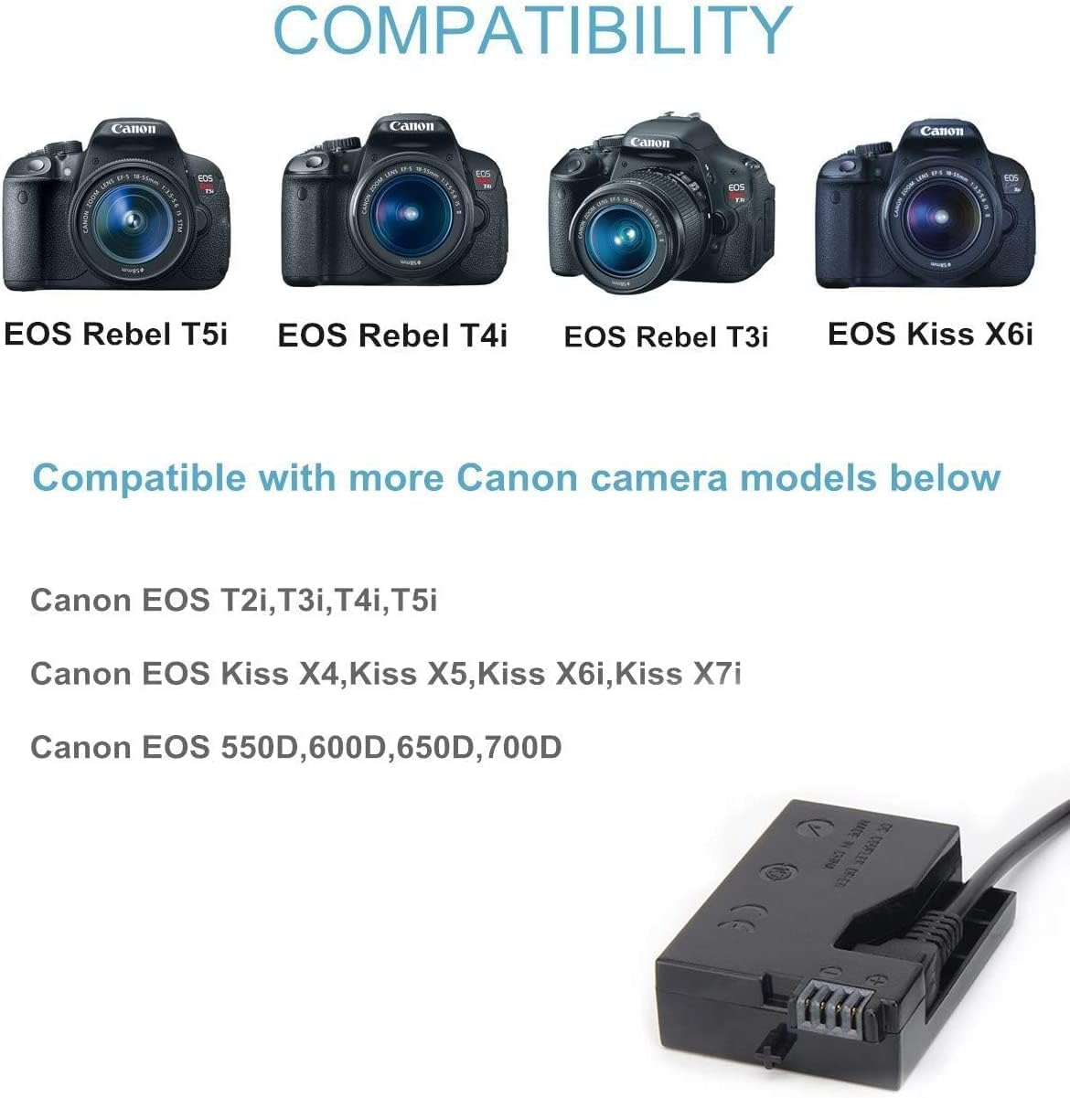 Kimaru ACK-E8 AC Power Adapter LP-E8 Dummy Battery DR-E8 DC Coupler Kit for Canon T2I, T3I, T4I, T5I, Kiss X4, Kiss X5, Kiss X6I, Kiss X7I, 700D, 650D, 600D, 550D Cameras. image number 1