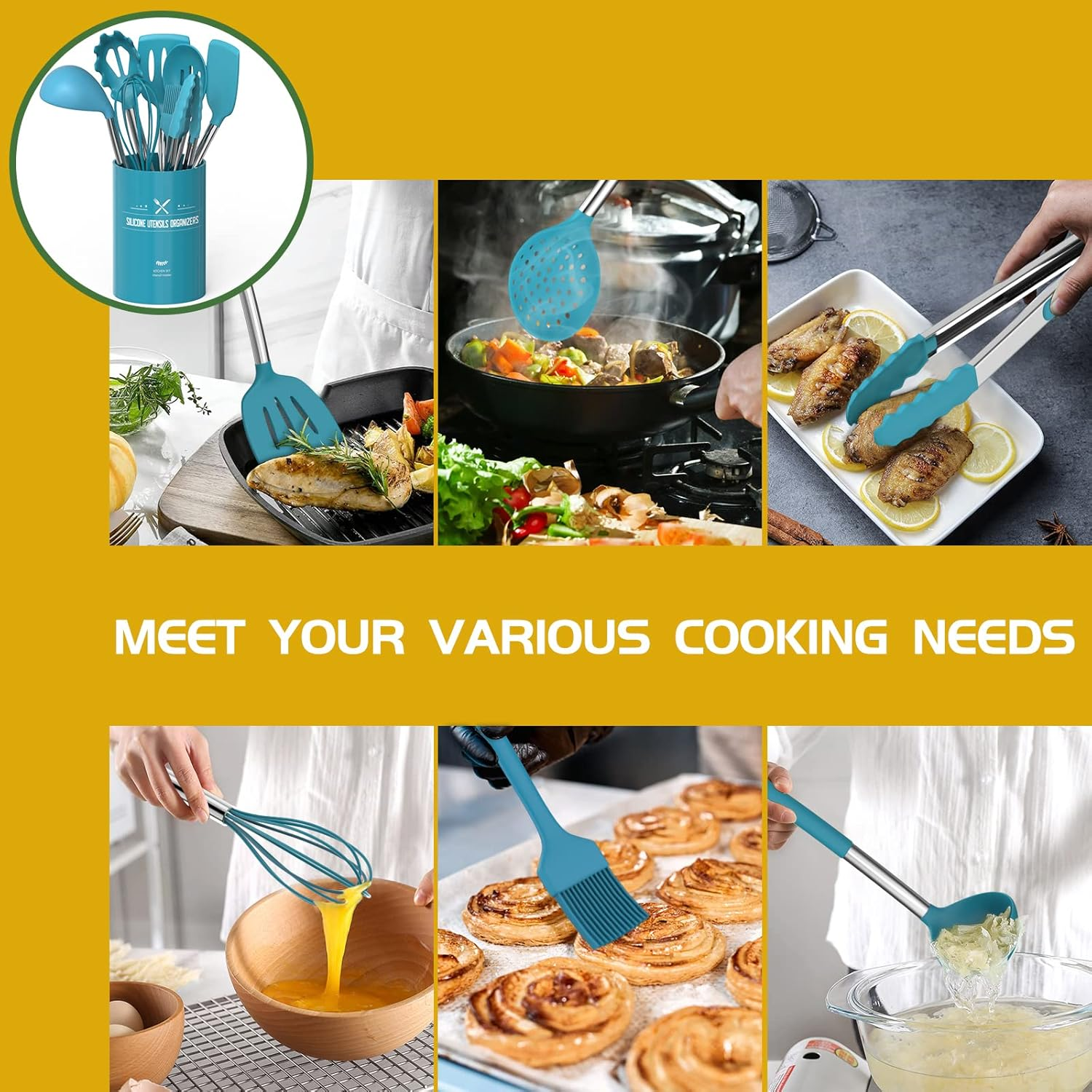 15 Pcs Silicone Cooking Utensils Kitchen Utensil Set - Umite Chef 446&deg;F Heat Resistant Stainless Steel Handles Kitchen Gadgets Tools Set for Nonstick Cookware(Blue) image number 4