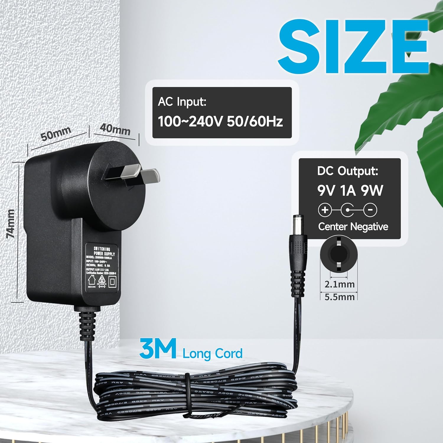 9V 1A/1000Ma Power Supply Adapter with 3M Long Cord, AC 100-240V to DC 9V 1A 9W Switching Adapter PSU Wall Plug for Most Guitar Bass Effect Pedal, Center Negative, SAA Certified image number 6