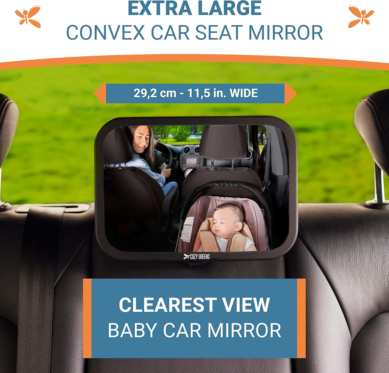 Cozy Greens Shatterproof Baby Car Mirror, Fully View Infant in Rear Facing Car Seat - Newborn Safety, Crash Tested & Extra Wide, Crystal Clear, 100% Lifetime Satisfaction Guarantee, Easy Install By