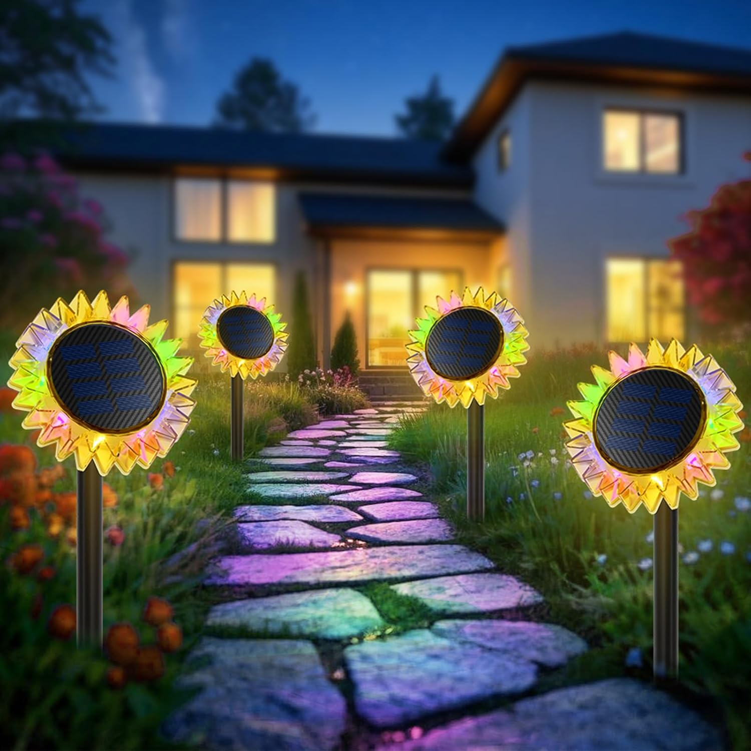 Hogni Solar Sunflower Lights Outdoor，4 Pack Autumn Garden Decorative LED Light，Upgraded Solar Panel,Sidewalk, Driveway, Lawn Lighting.（Color）