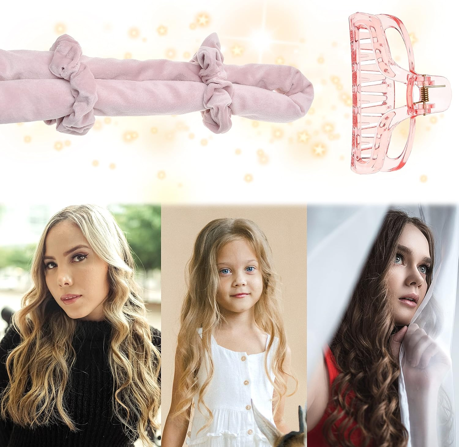 Eco-Fused No Heat Hair Curler Headband Set - Long Velour Hair Wrap Curling Ribbon You Can Sleep in - Soft Heatless Styling Tool Kit - Comes with Hair Clip and Scrunchies - for Women Girls image number 2