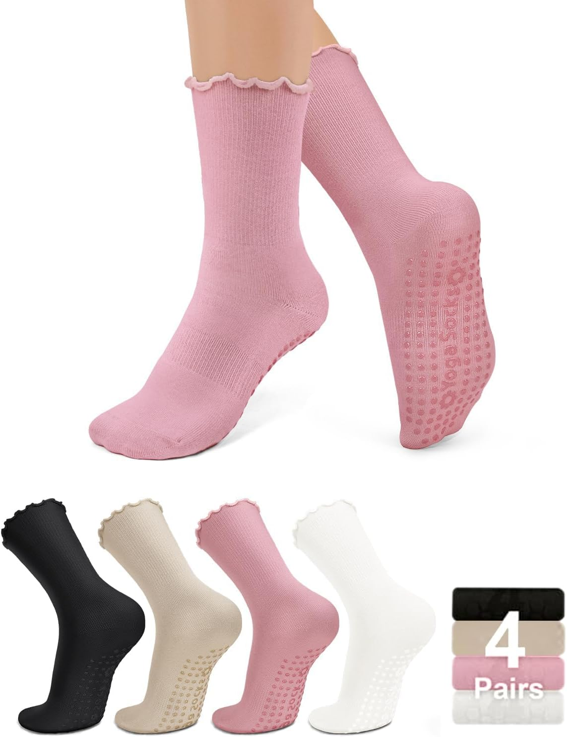 ZANZER Pilates Women'S Yoga Socks with Non-Slip Grip, Ruffle Swivel Cuff & Crew Design - Anti-Skid Workout Socks (Black+Beige+Pink+White) image number 2