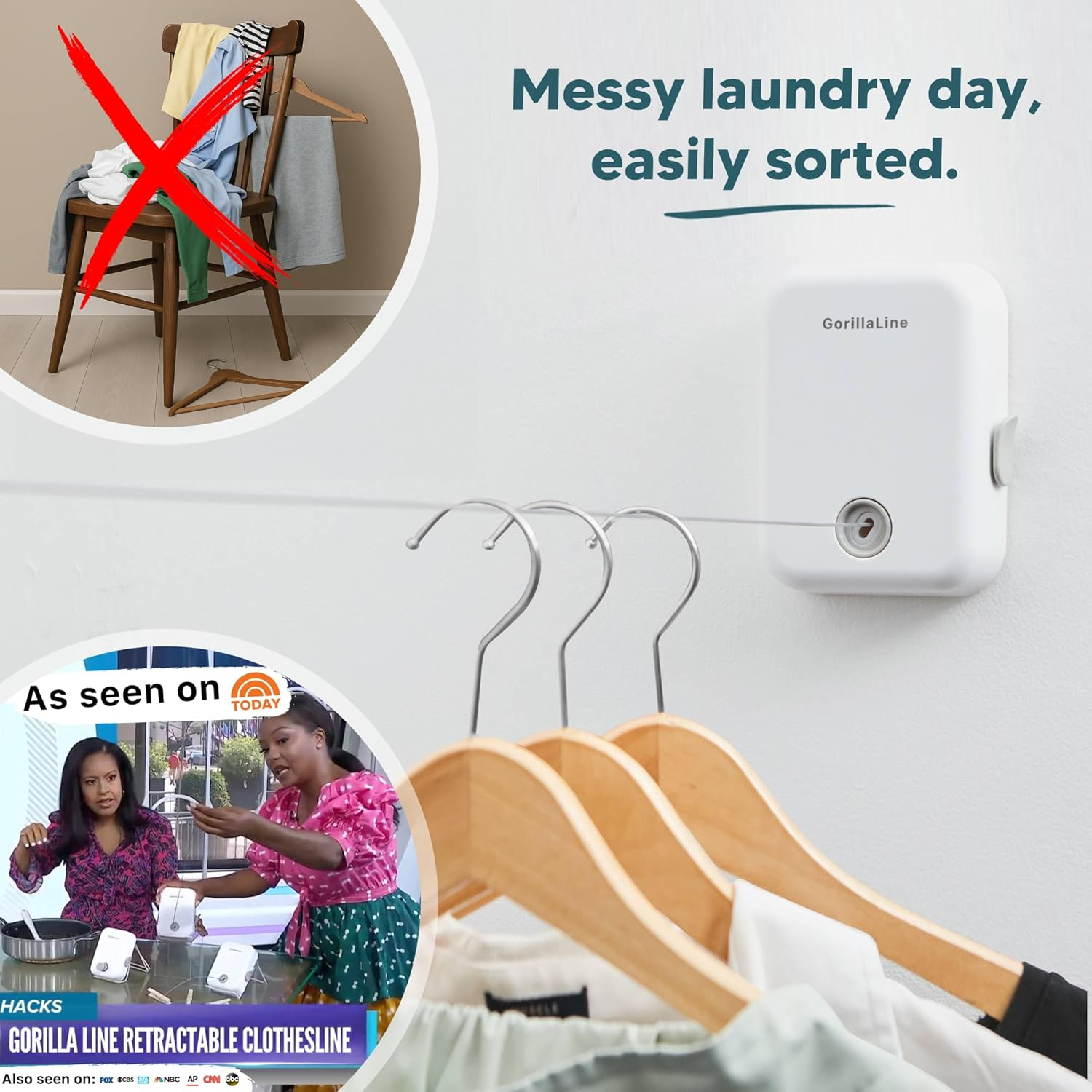 Gorillaline - Retractable Clothesline Indoor Outdoor Clothes Line | Heavy Duty Clothes Drying Laundry Line | Wall Mounted Drying Rack Clothing Line | Retracting Hanging | Lock to Prevent Sagging image number 5