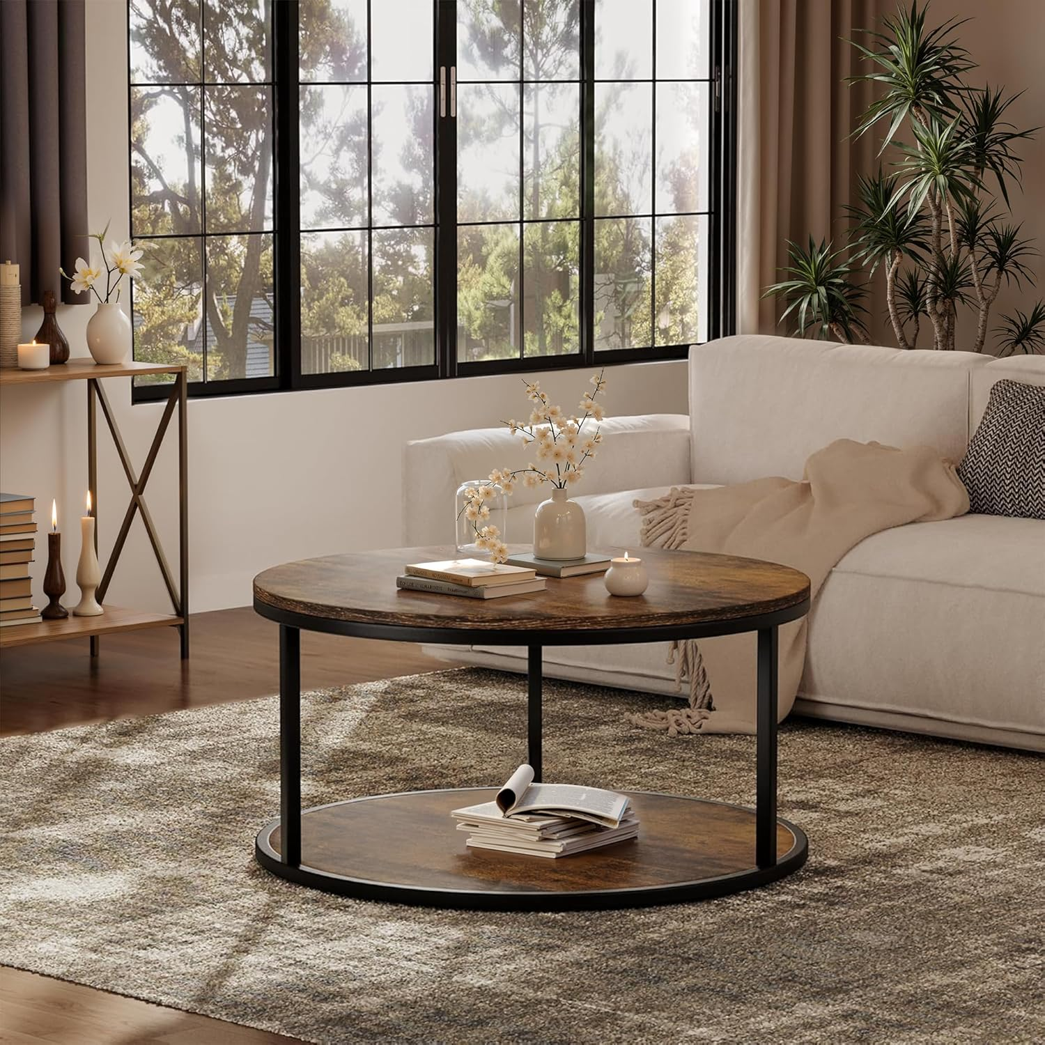 36Cm round Coffee Table with Storage, 2-Tier Small Space Living Room Furniture, Compact Centre Table, Brown image number 1