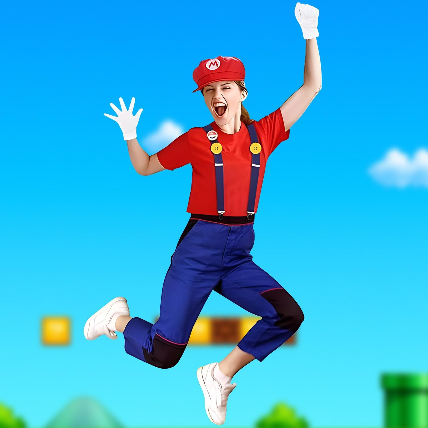 WOTOW Super Brother Costume Accessories Set - Adult Video Game Role Cosplay with Hat Gloves Moustache Buttons Suspenders Fancy Outfit for Dress up Party Supplies Halloween Party Cosplay image number 5