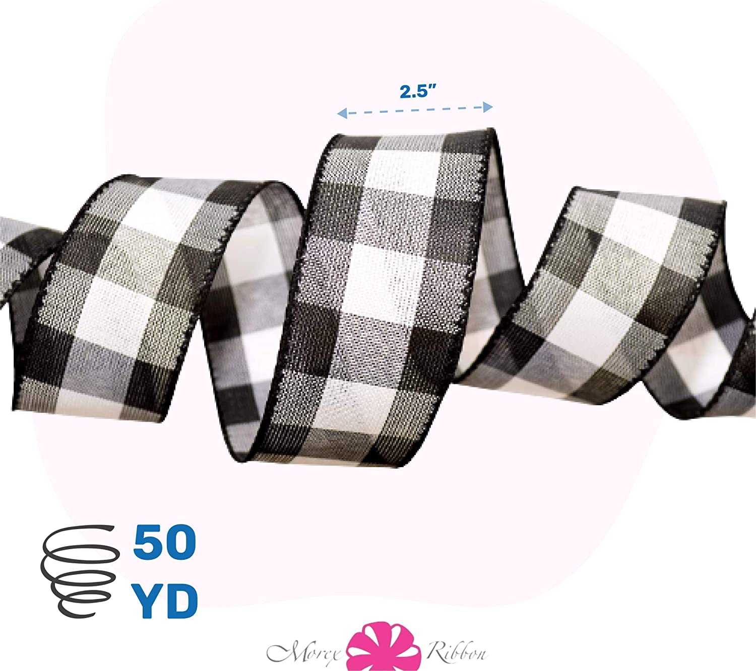 Morex Ribbon 7398.60/50-613 Cambridge 2.5" X 50 YD Wired Ribbon, Black and White, Buffalo Check Plaid Ribbon for Gift Wrapping, Christmas Decorations Indoor Home Decor, Craft Supplies & Materials image number 4