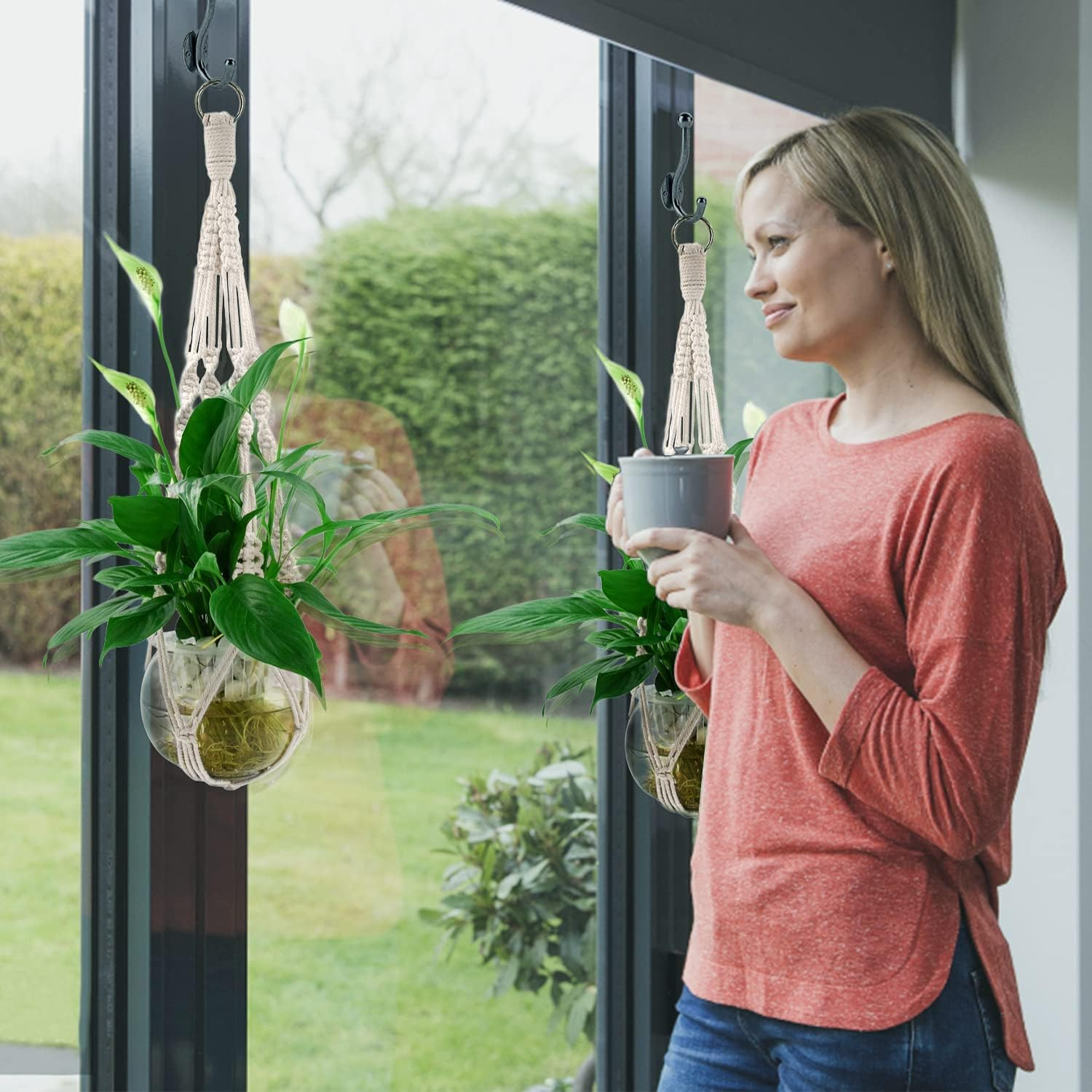 2 Pack Macrame Plant Hanger Indoor Outdoor Hanging Planter Natural Manual Knitted Cotton Macrame Cord Plant Hanger with Ring for Home Decor Ceiling Wall Planters Hanging, 20 Inch image number 1