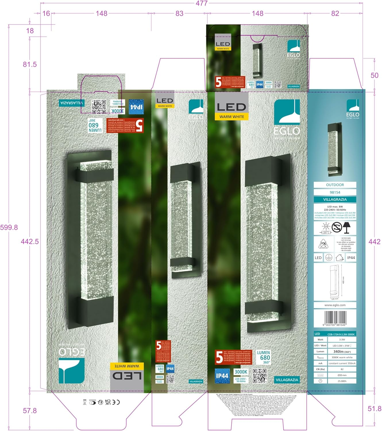 Eglo 98154 VILLAGRAZIA Exterior Wall Light in Black with Air Bubble Glass image number 1