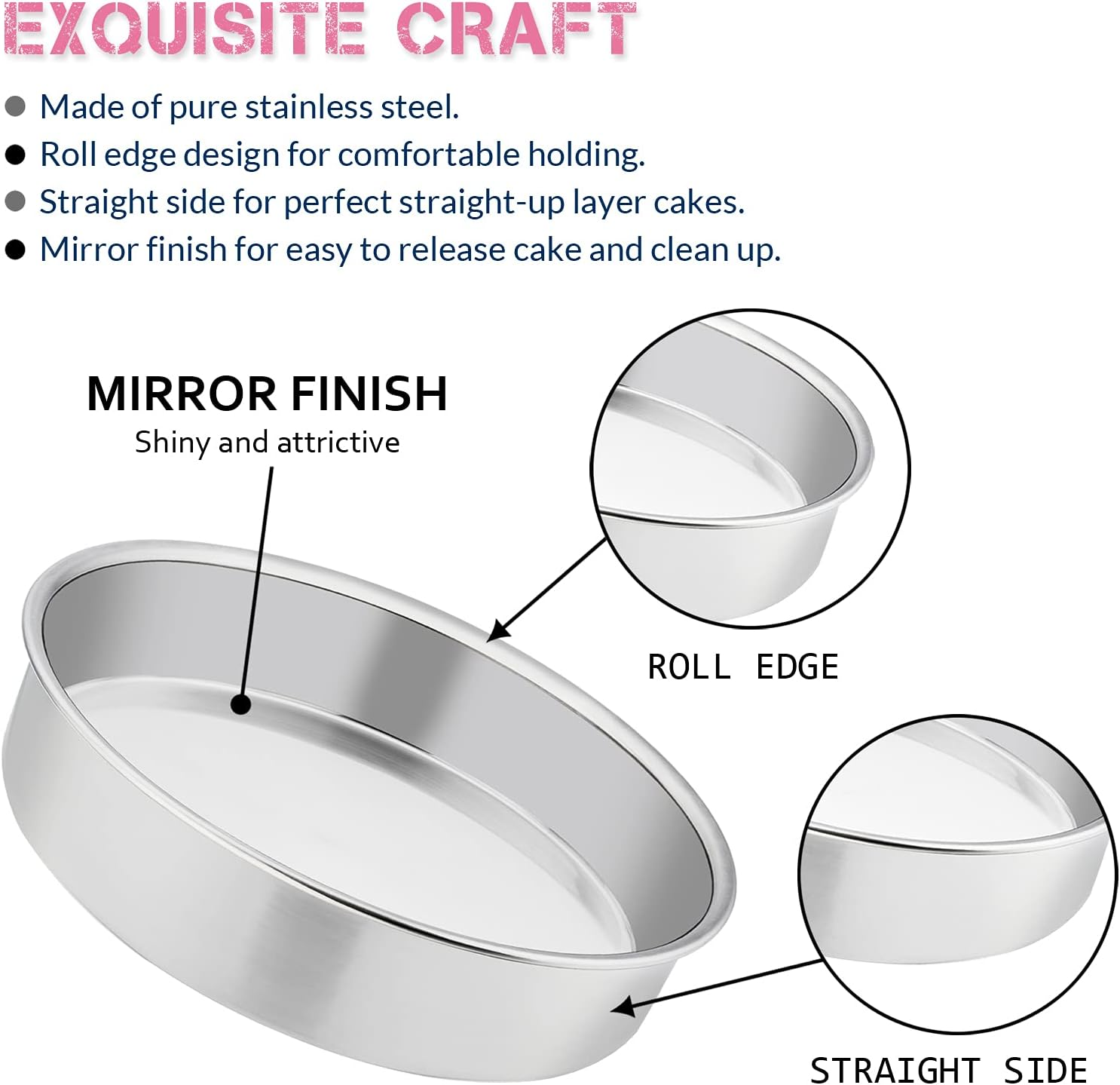 8 Inch Cake Pan Set of 3, E-Far Stainless Steel round Layer Cake Baking Pans, Non-Toxic & Healthy, Mirror Finish & Dishwasher Safe image number 6