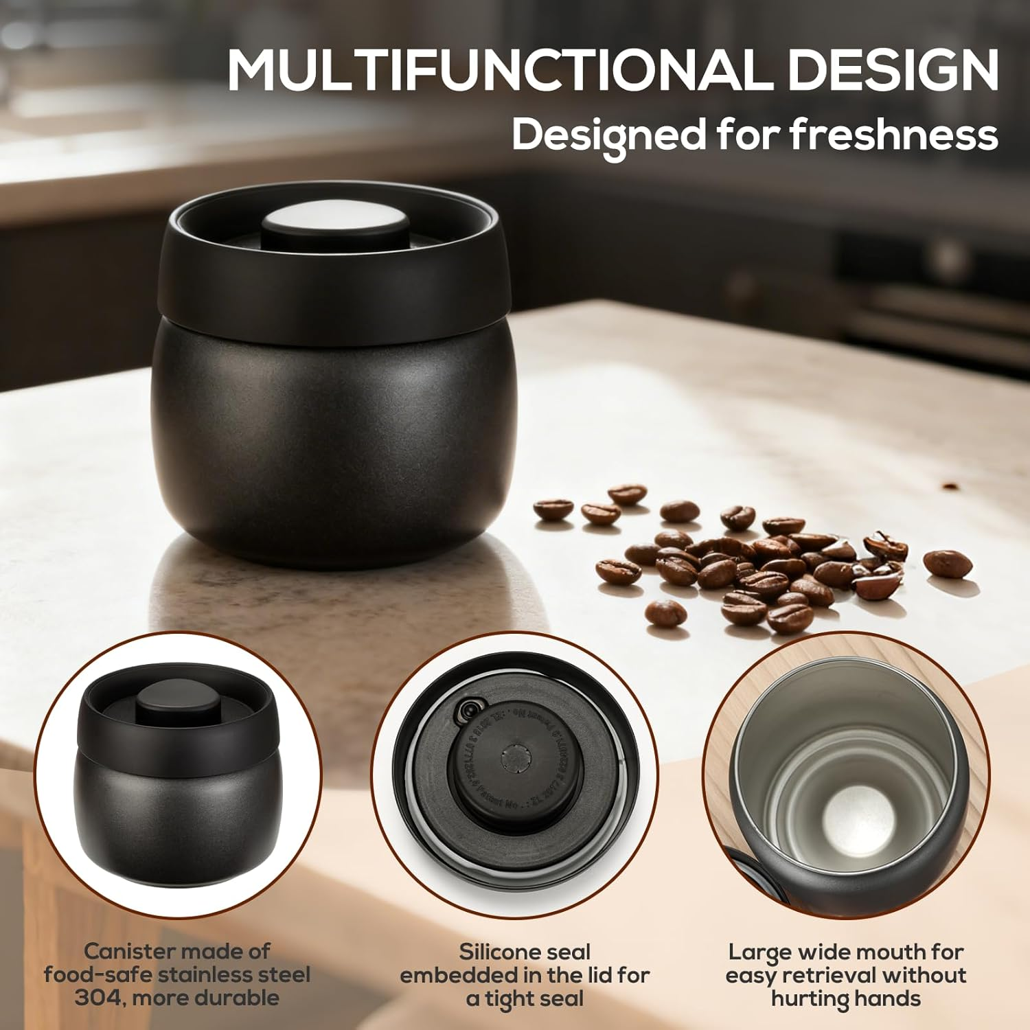 Cozary Stainless Steel Coffee Container, 400 Ml Vacuum Coffee Canister, Airtight, Coffee Beans Container with Vacuum Pump Lid, Airtight & Fresh, for Coffee Beans, Tea, Nuts, Seasoning (Black) image number 6
