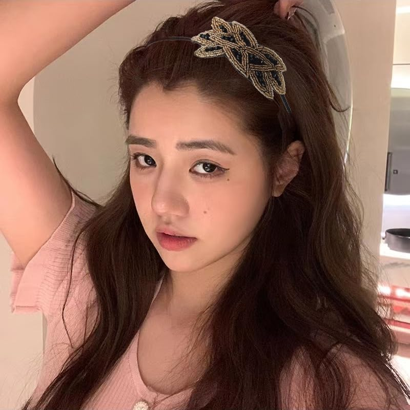 YALLNASL Vintage 1920S Flapper Headband for Women, Rhinestone Beaded, No Slip, 15'' Length, 1 Count (Pack of 1), Black and Gold with Rhinestone, Perfect for Themed Parties, Women, Girls - Black And Gold image number 5